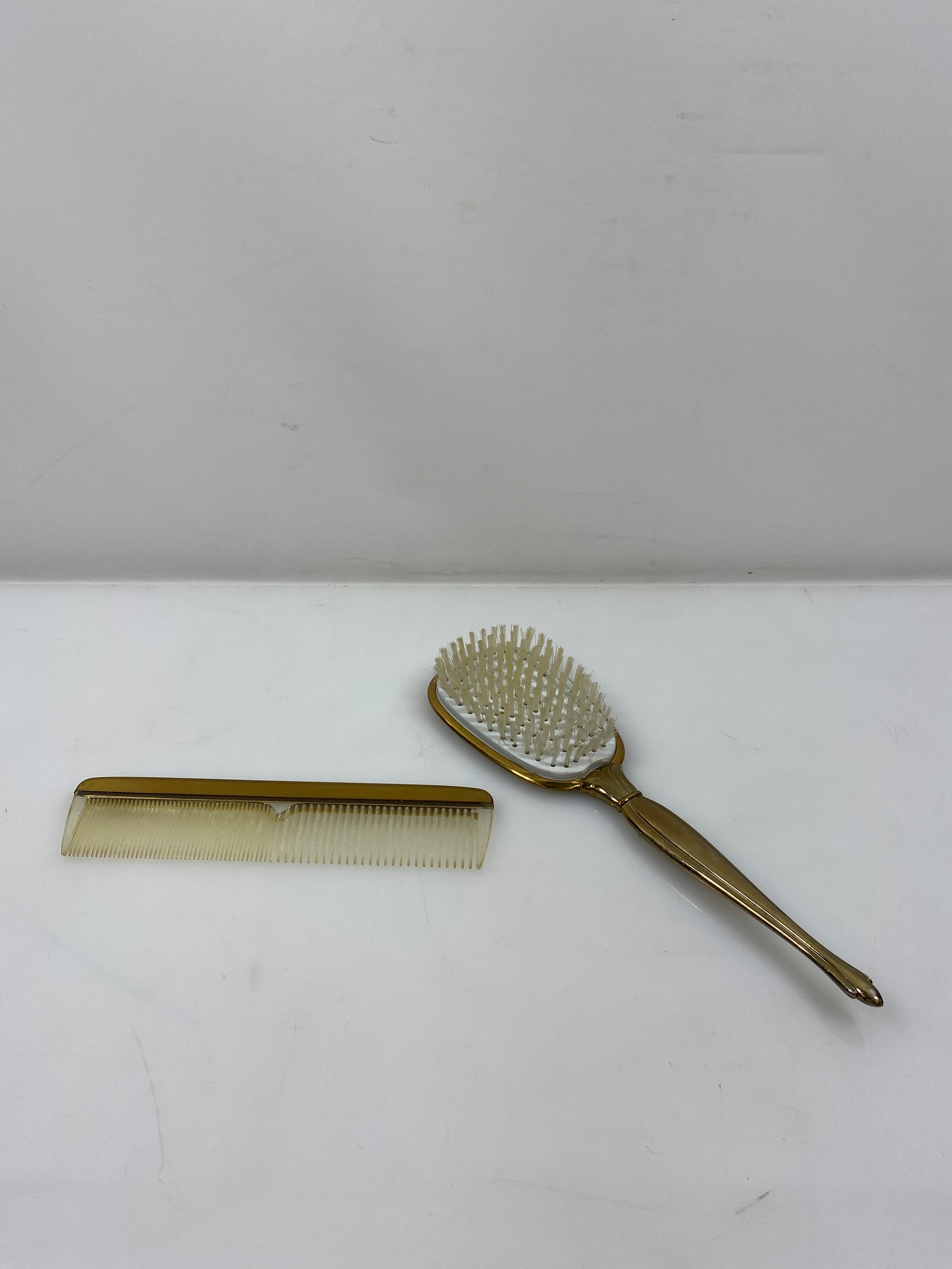 2 Piece Vintage Gold Tone Hairbrush and Gemlite Comb
