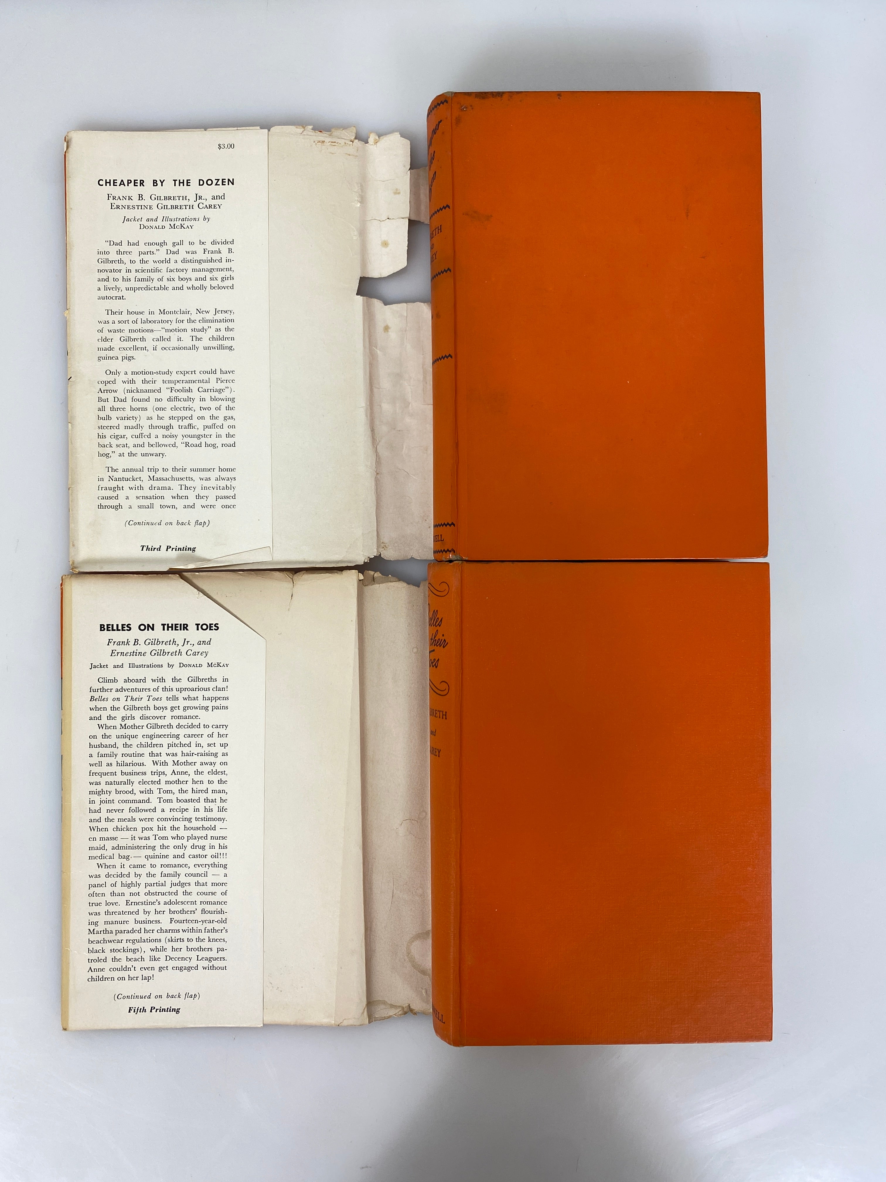 2 Vols: Cheaper by the Dozen/Belles on Their Toes by Gilbreth 1949-50 HCDJ