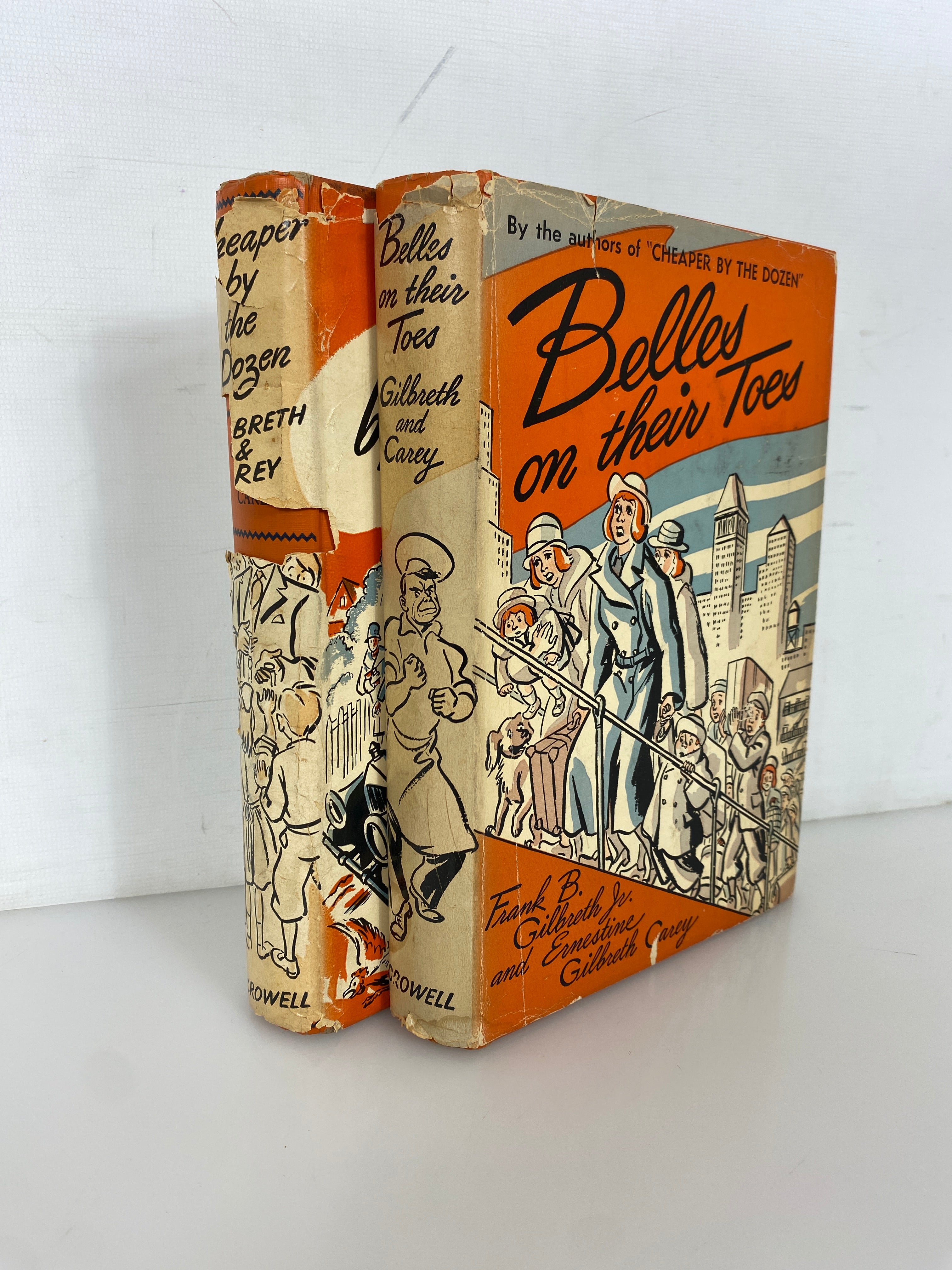 2 Vols: Cheaper by the Dozen/Belles on Their Toes by Gilbreth 1949-50 HCDJ