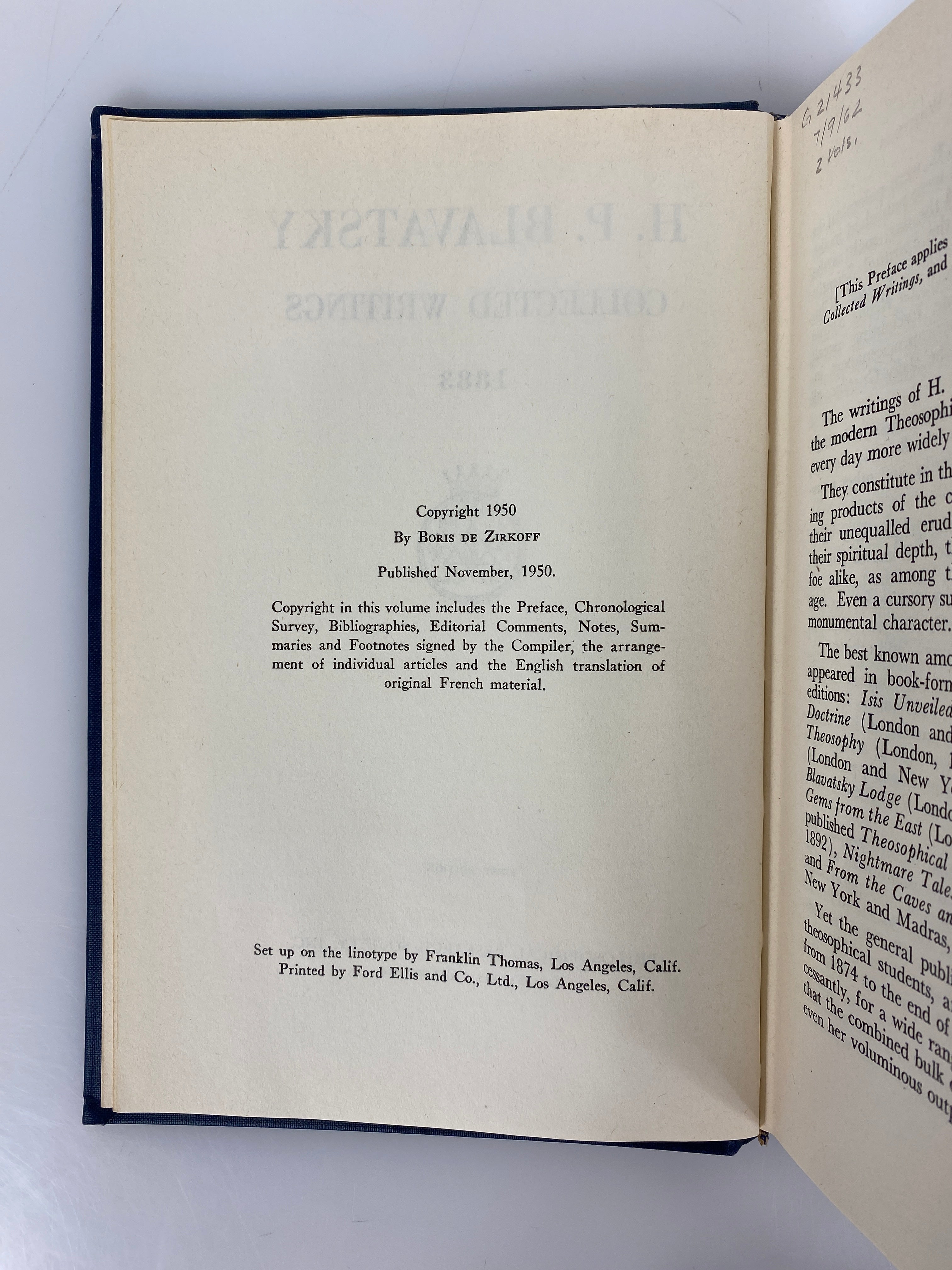 2 Vols: H.P. Blavatsky Collected Writings 1950-54 First Editions Ex-Library HC