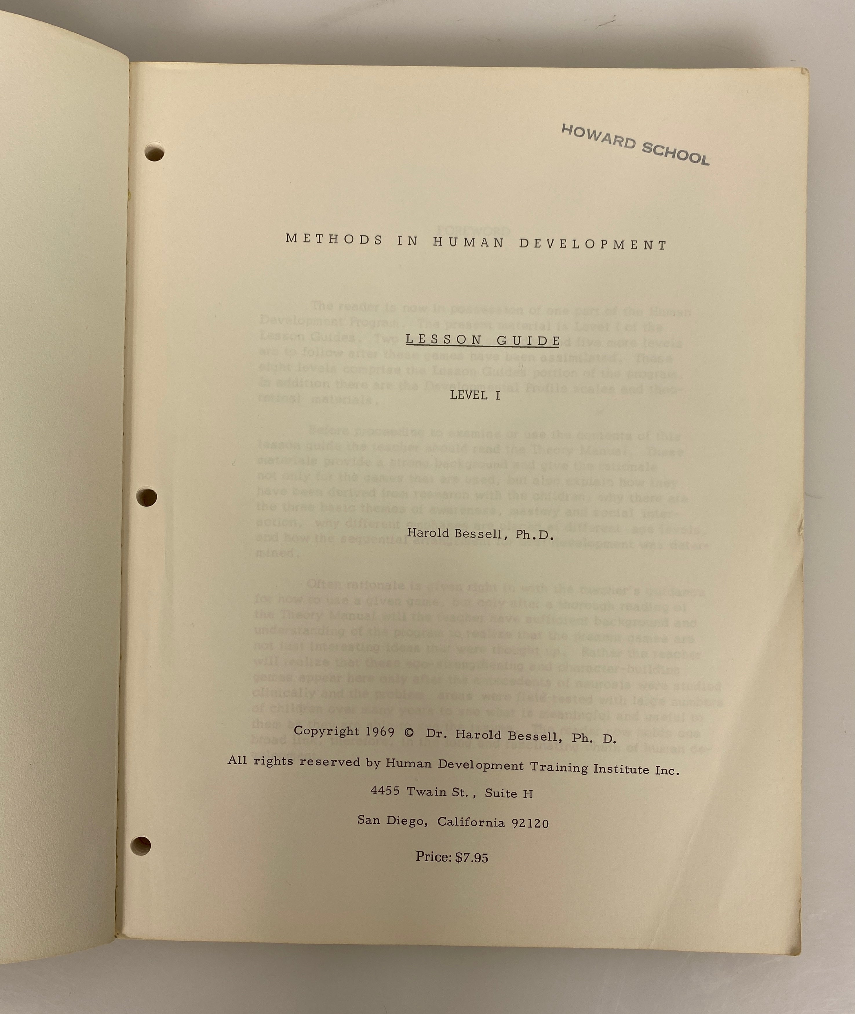 2 Vols: Harold Bessell Human Development Program/Theory Manual 1969-70 SC