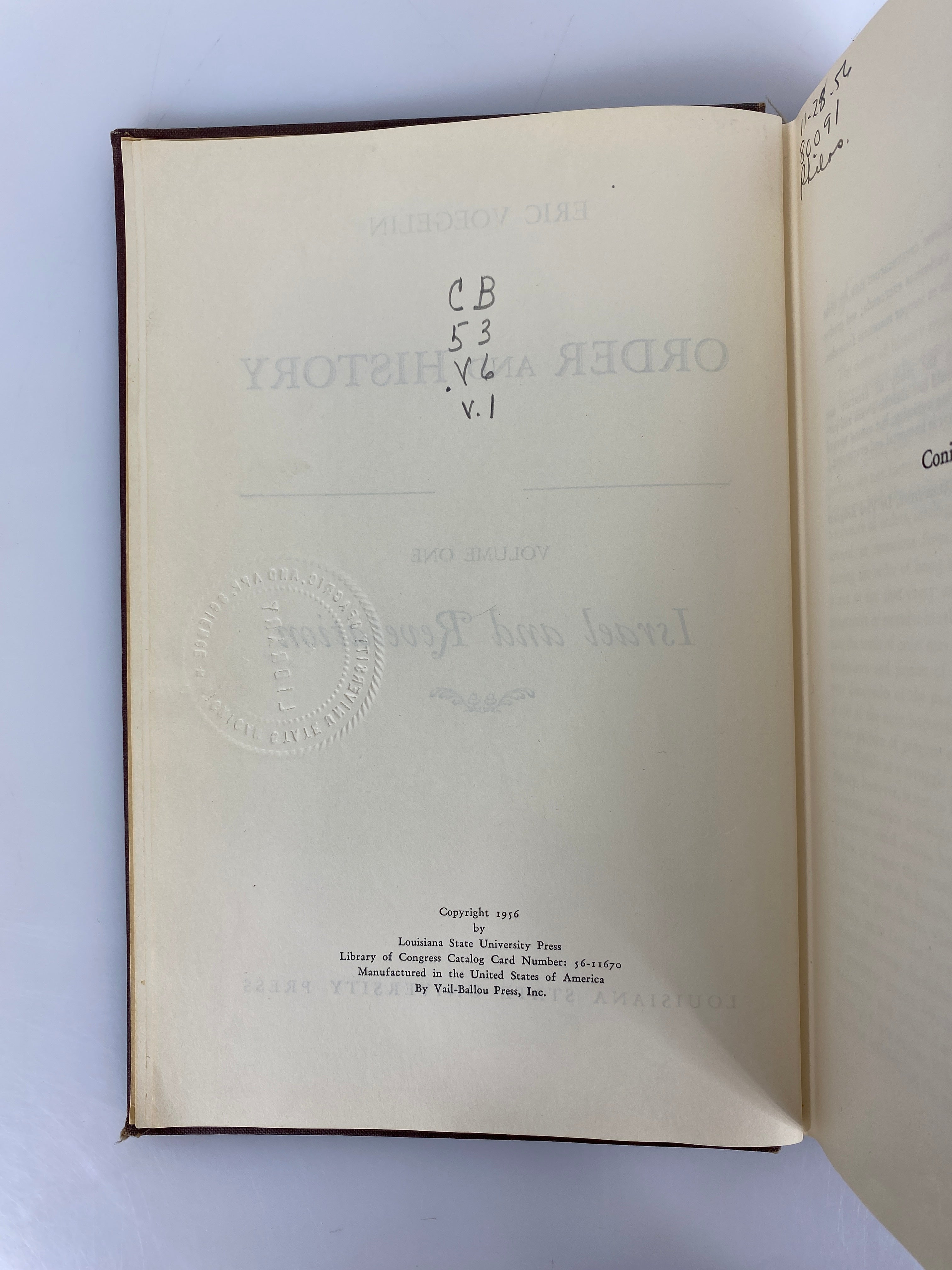 2 Vols: Order & History by Voegelin (I & III) 1956-57 Ex-Library HC