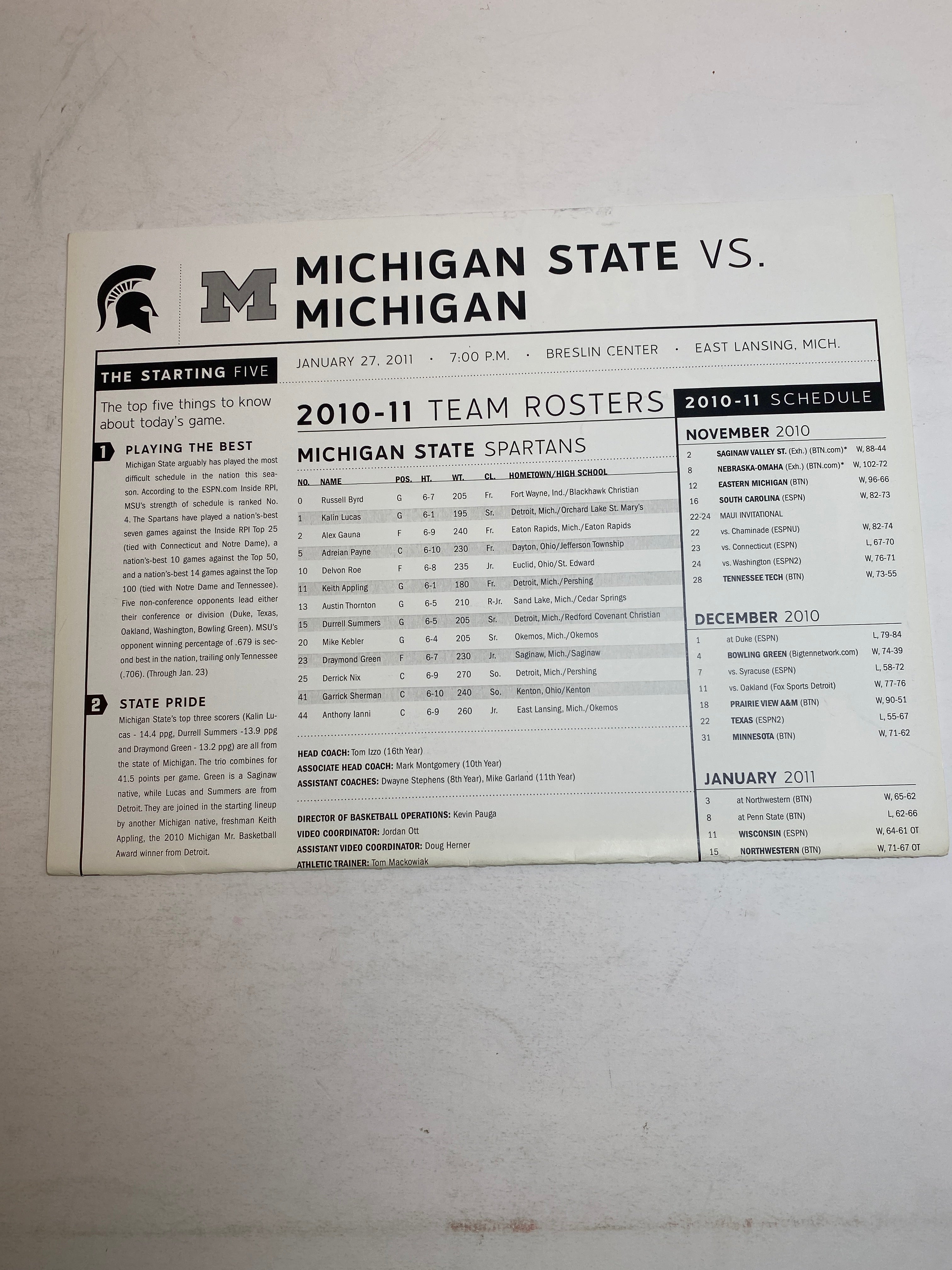 2011 Michigan State vs Michigan Basketball Program Draymond Green
