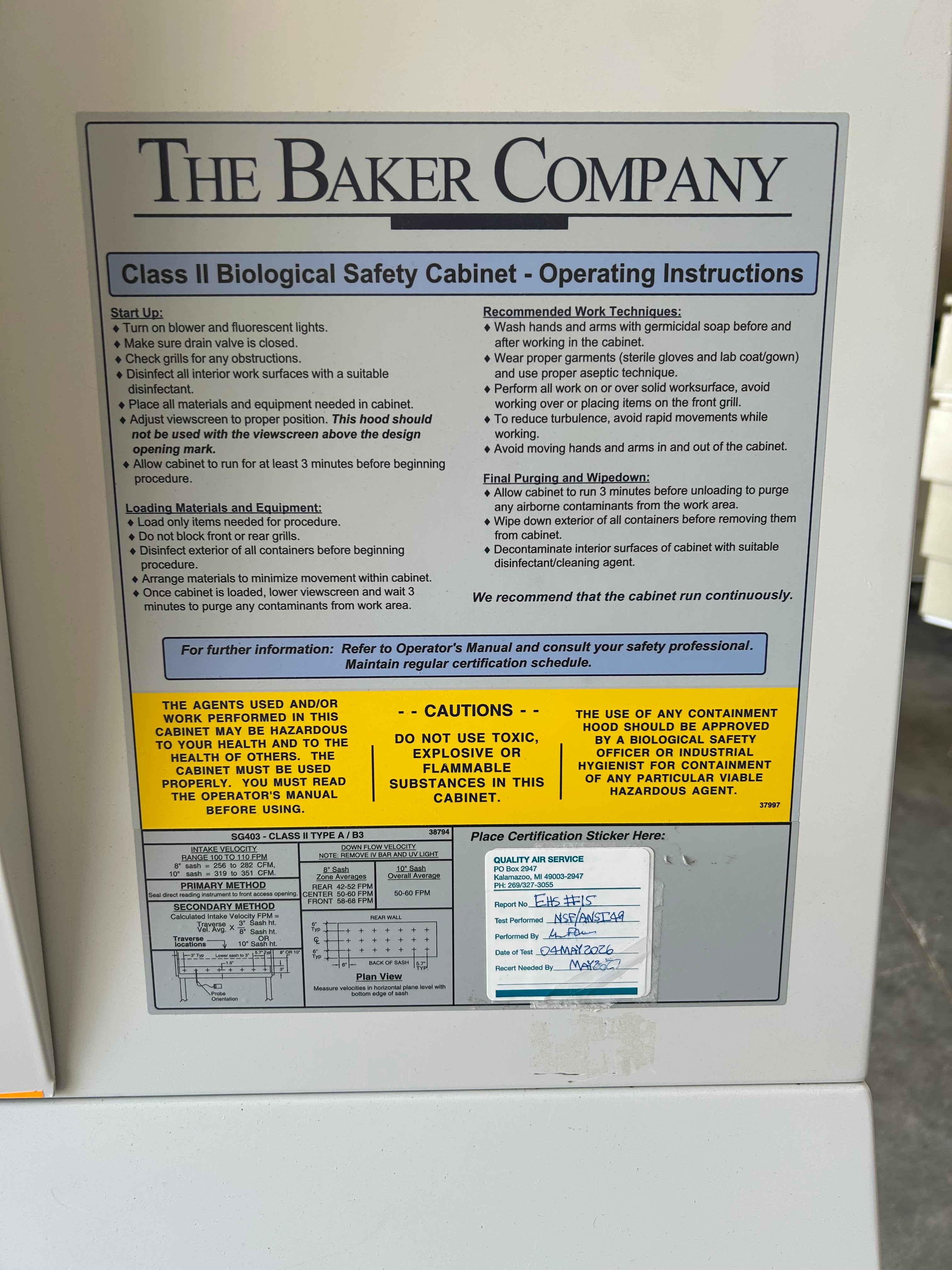 Baker Company SterilGARD III Advance Class II Biosafety Cabinet Model SG403