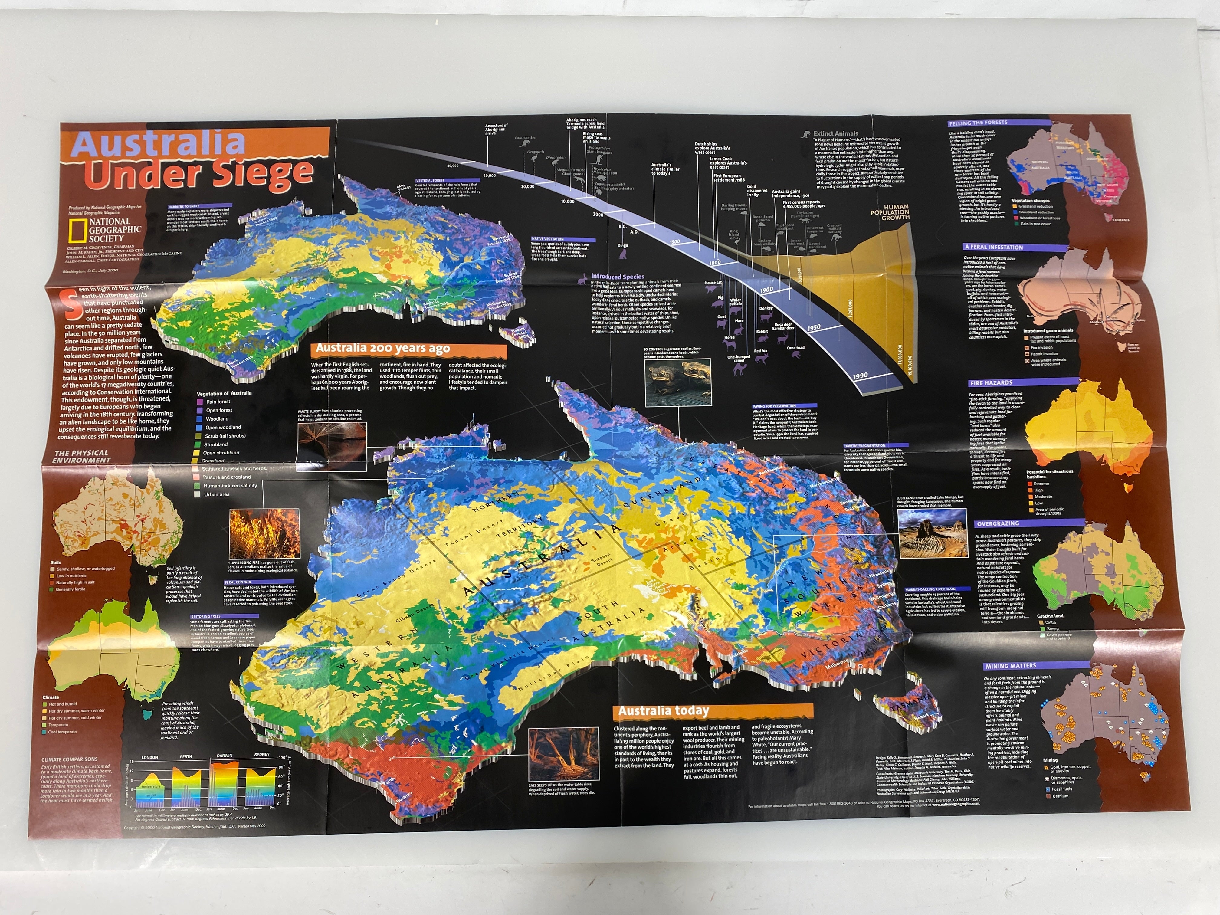 3 Nat Geo Australia Wall Maps Land of Living Fossils/Traveler's Look/Under Siege