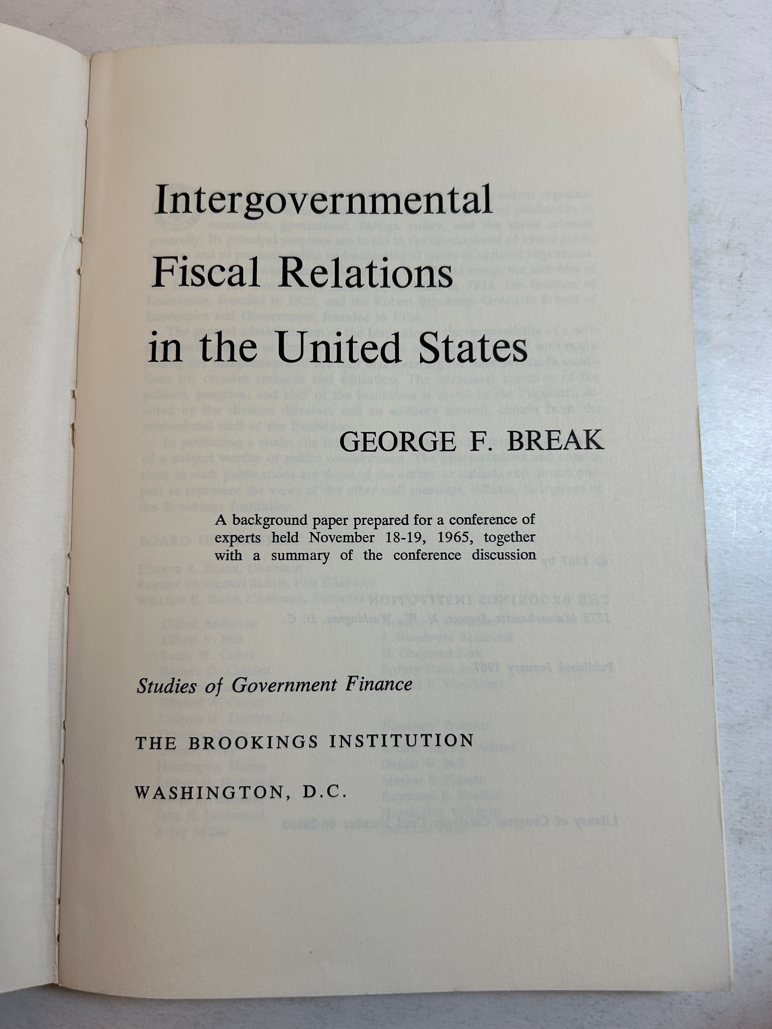 3 Vtg Brookings Institution SC: Fiscal Federalism/Property Tax/Fiscal Relations