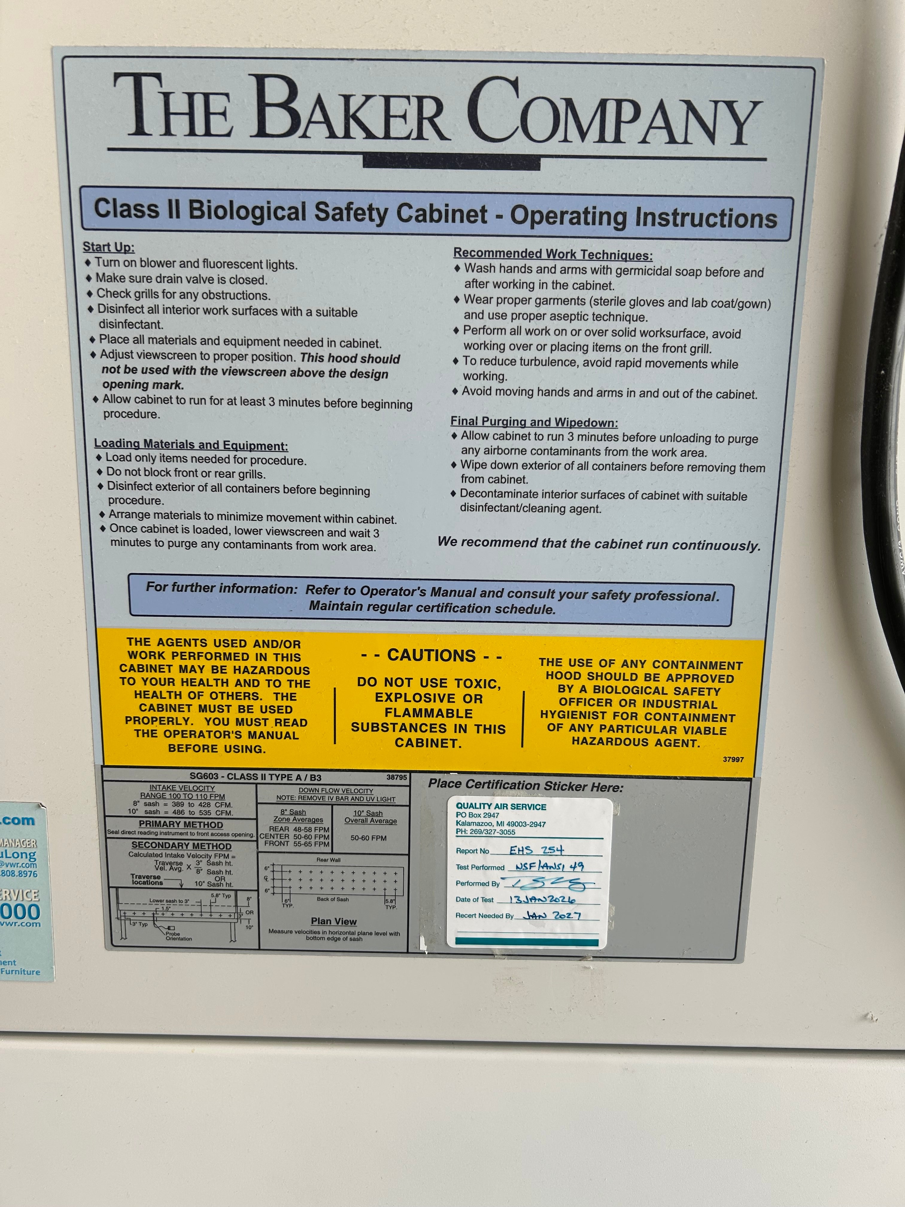 Baker Company SterilGARD III Advance Class II Biosafety Cabinet Model SG603