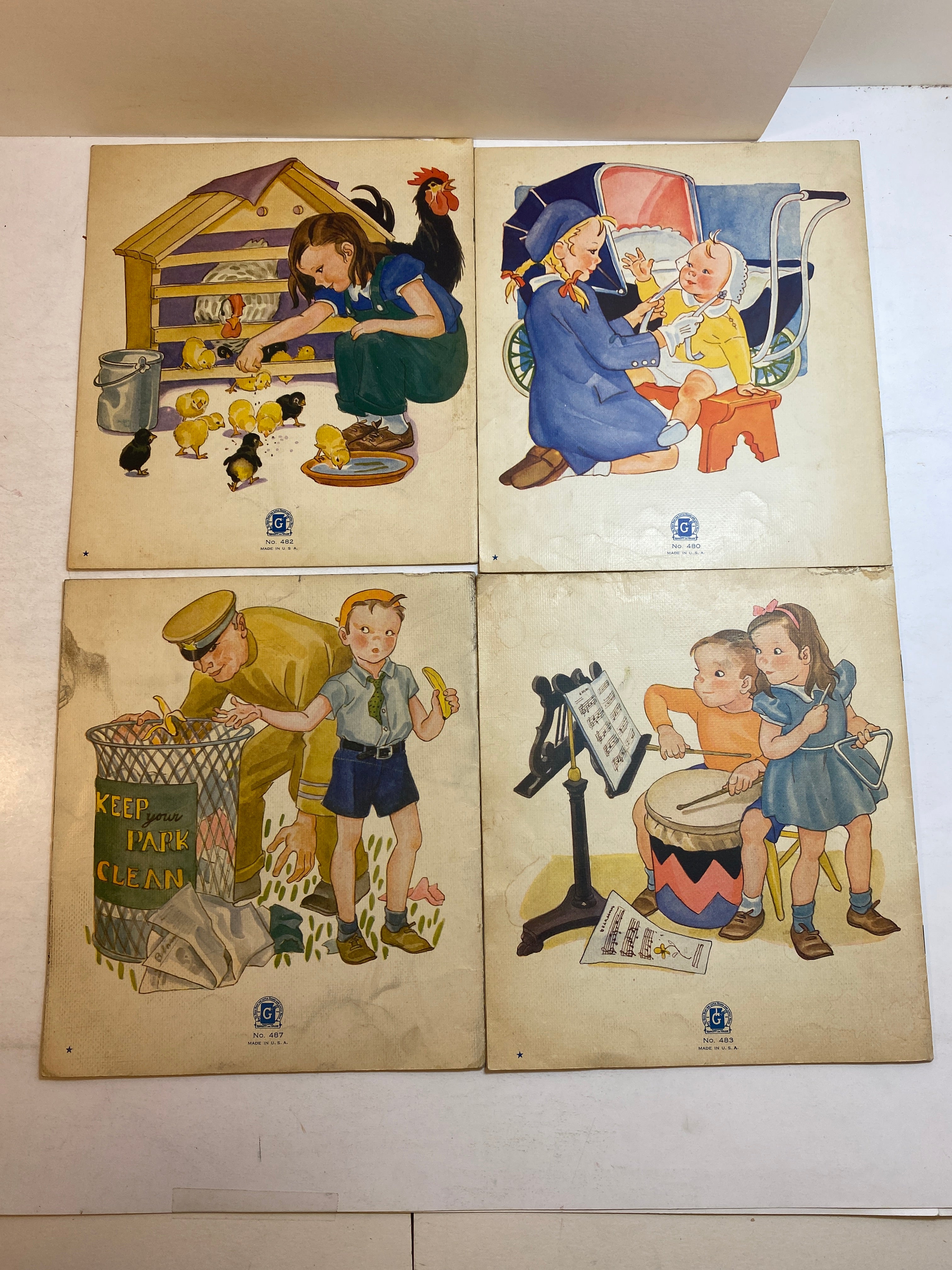 4 Vintage Linenette Books 1940 Helping Mother/In the Park/Country/At School