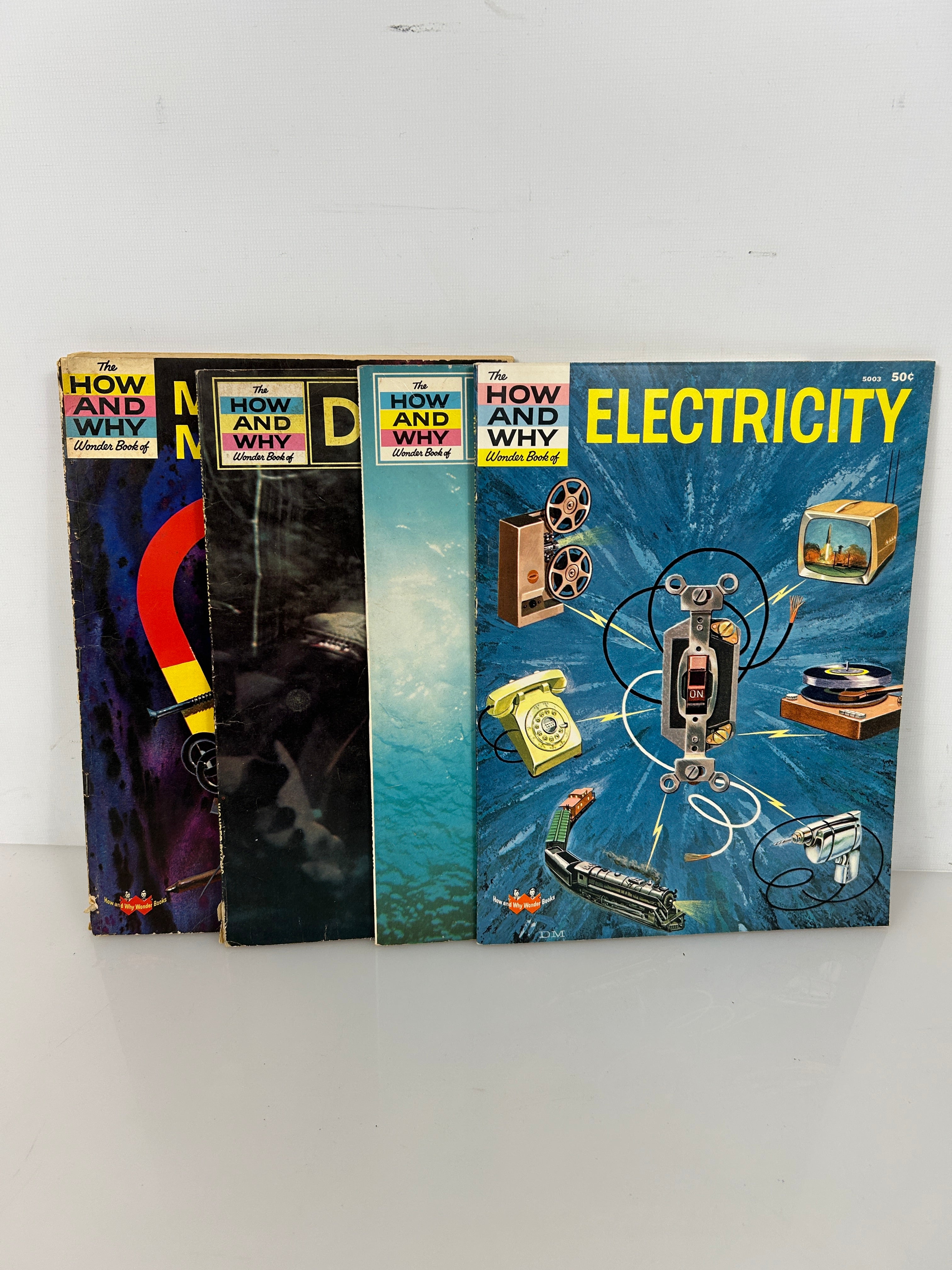 4 Vols The How & Why Wonder Books Electricity, Fish, Dinosaur, Magnet 1960-75 SC