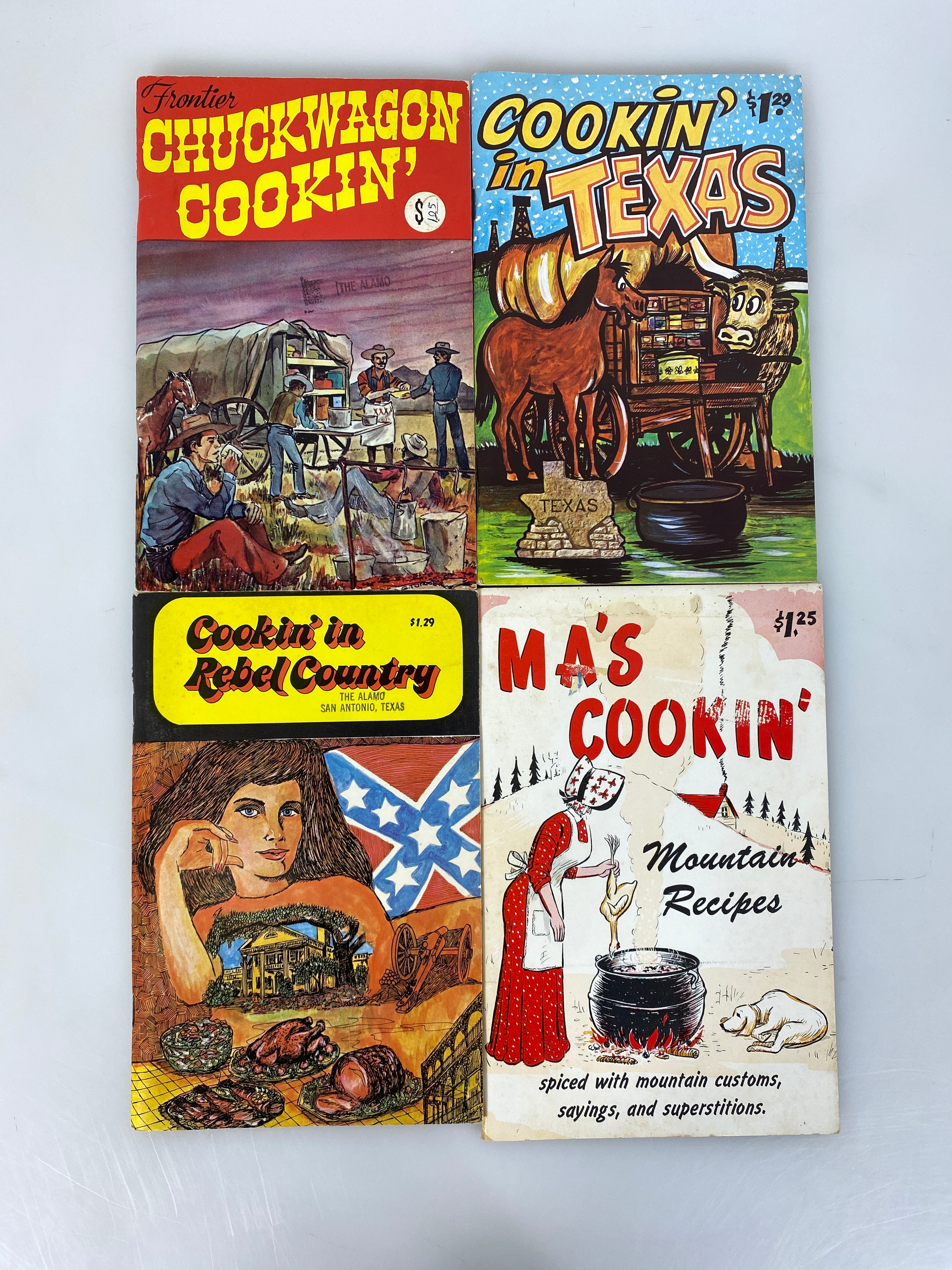 4 Vtg Cookbooks: Chuckwagon/Ma's Cookin'/Cookin' in TX/Rebel Country 1972-75 SC