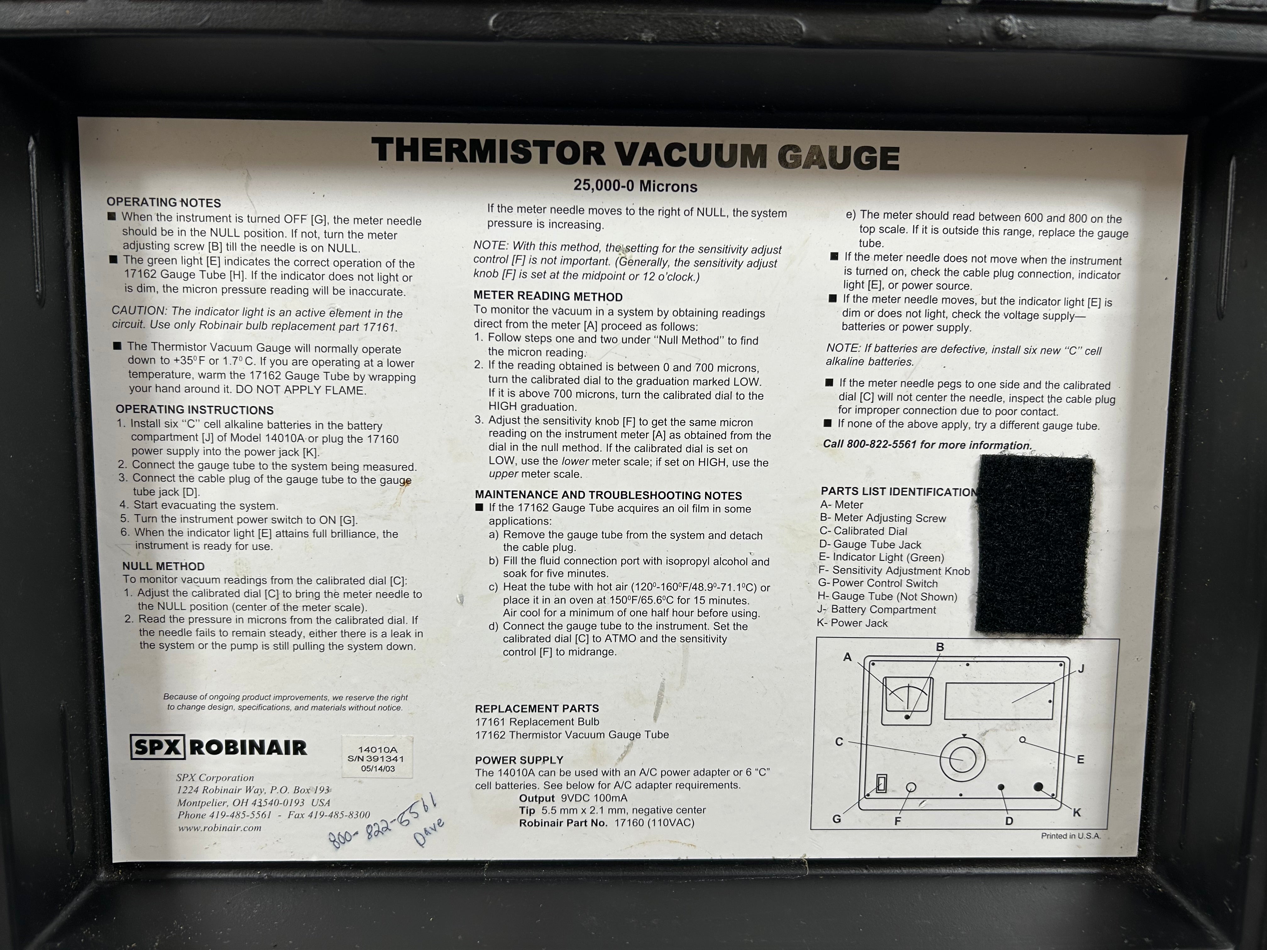 Robinar Model 14010A Thermistor Vacuum Gauge *Untested*
