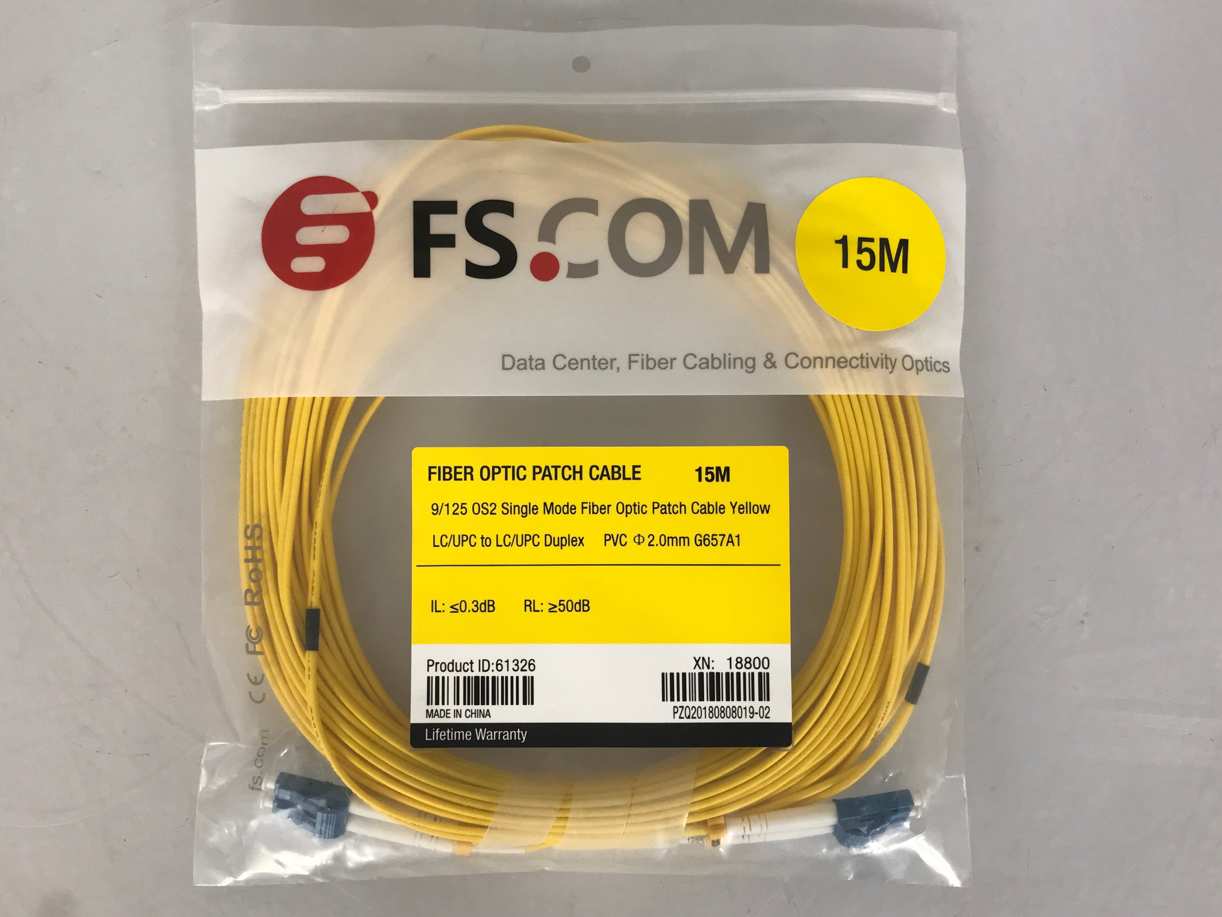 FS.Com 61326 15m 9/125 OS2 Single Mode LC/UPC to LC/UPC Duplex Fiber Patch Cable