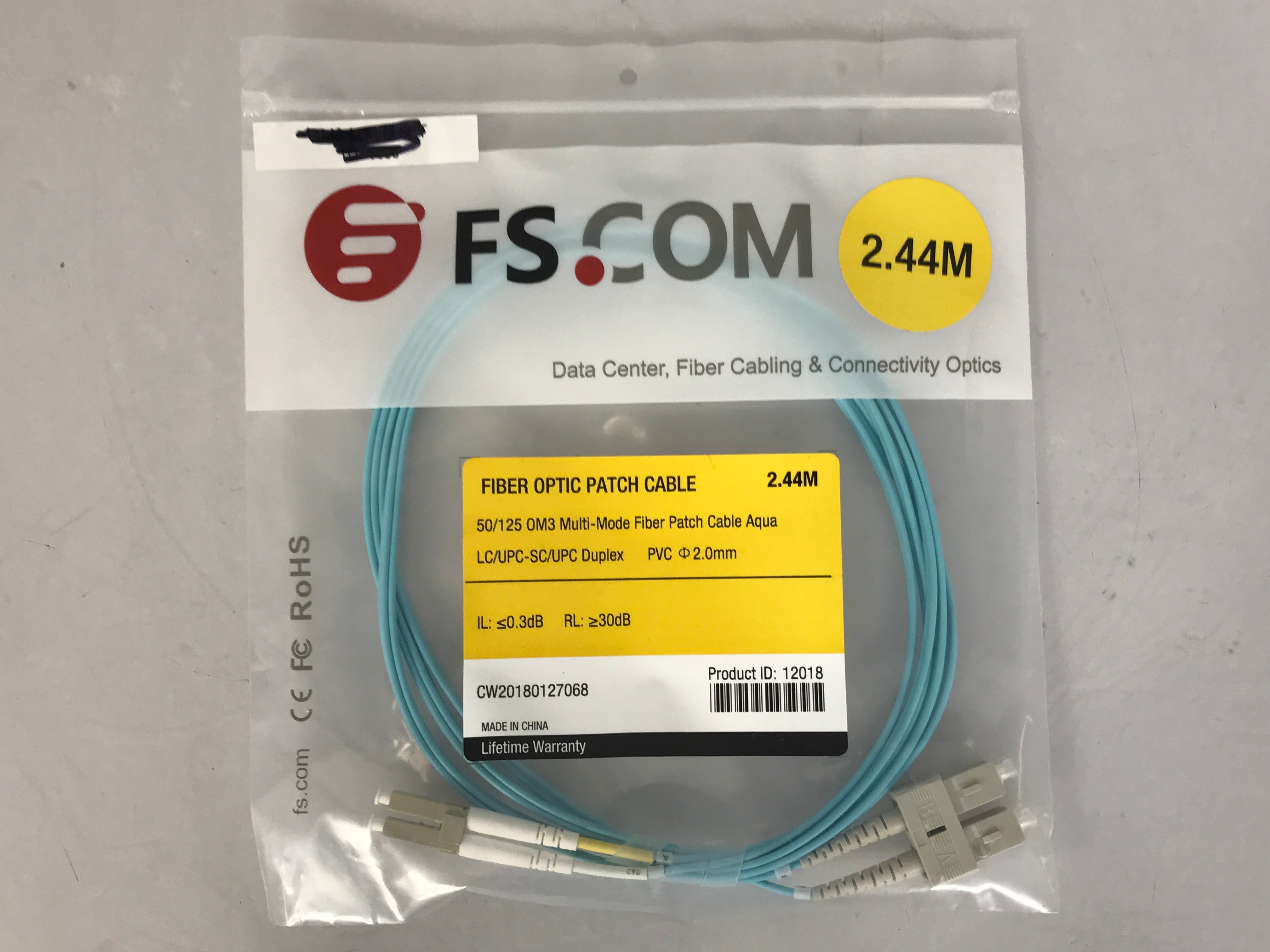 FS.Com 12018 2.44m 50/125 OM3 Multi-Mode LC/UPC to SC/UPC Duplex Fiber Patch Cable