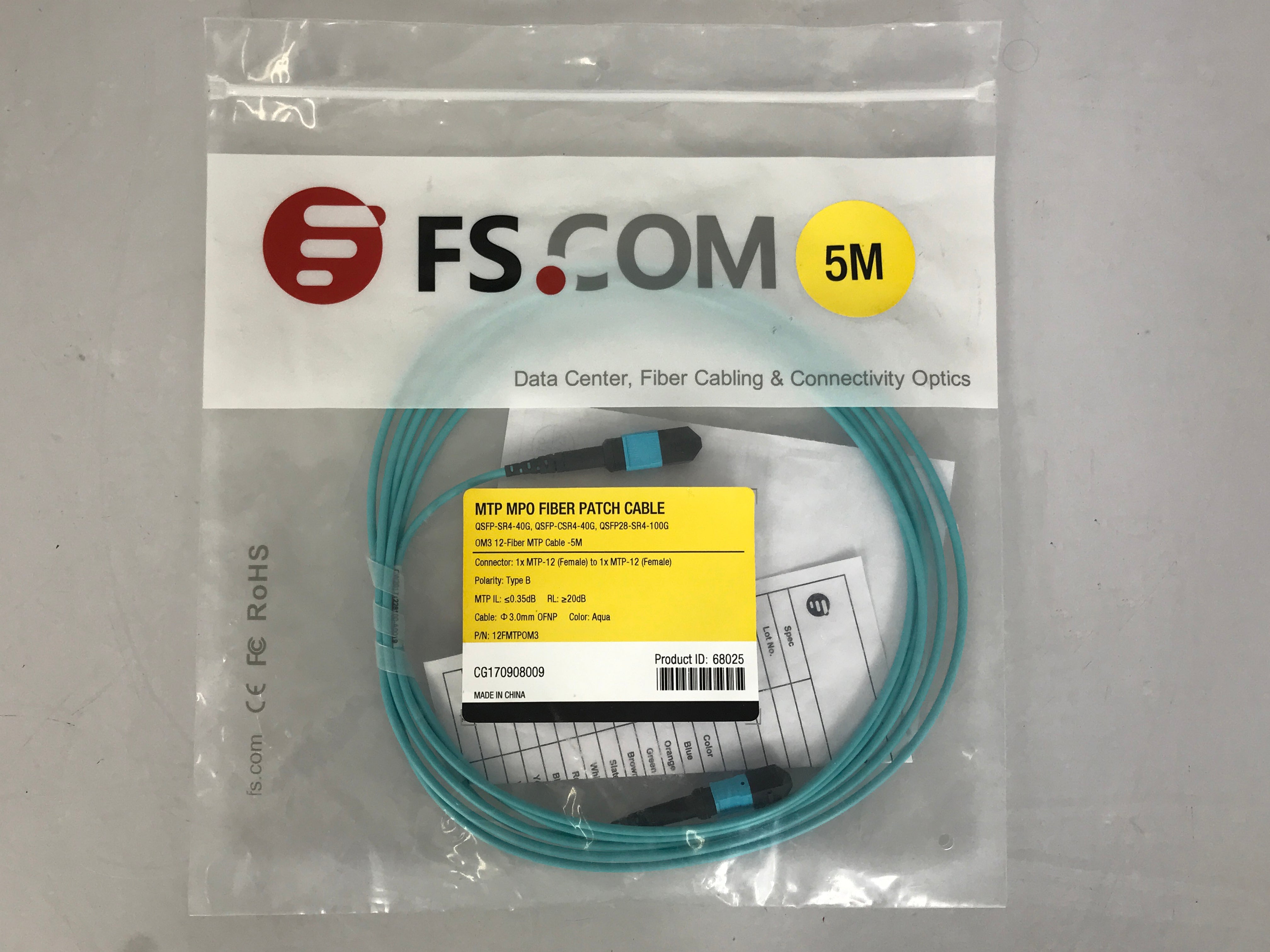 FS.Com 68025 5m 1x MTP-12 (Female) to 1x MTP-12 (Female) MTP MPO Fiber Patch Cable