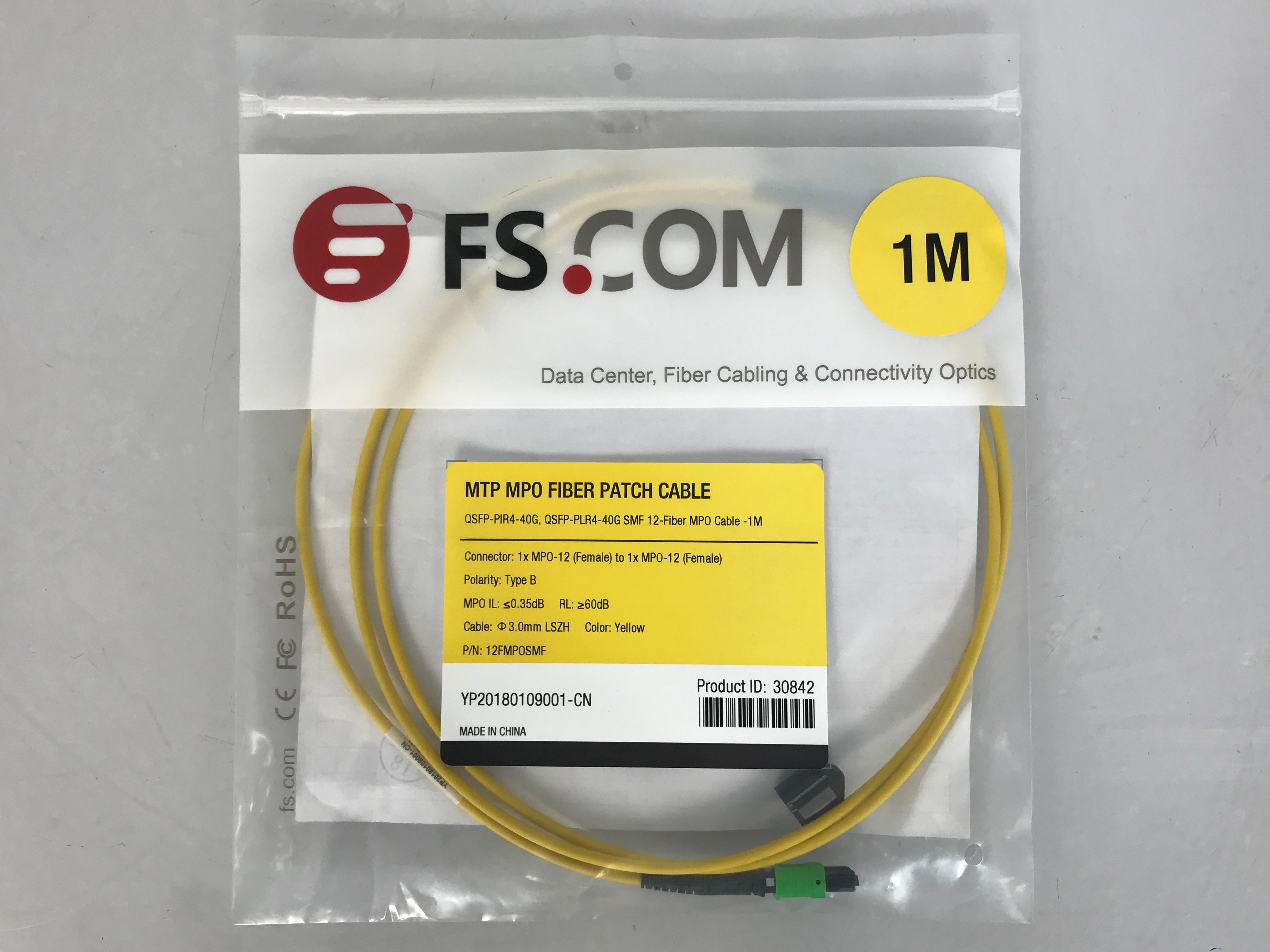 FS.Com 30842 1m 1x MPO-12 (Female) to 1x MPO-12 (Female) MTP MPO Fiber Patch Cable