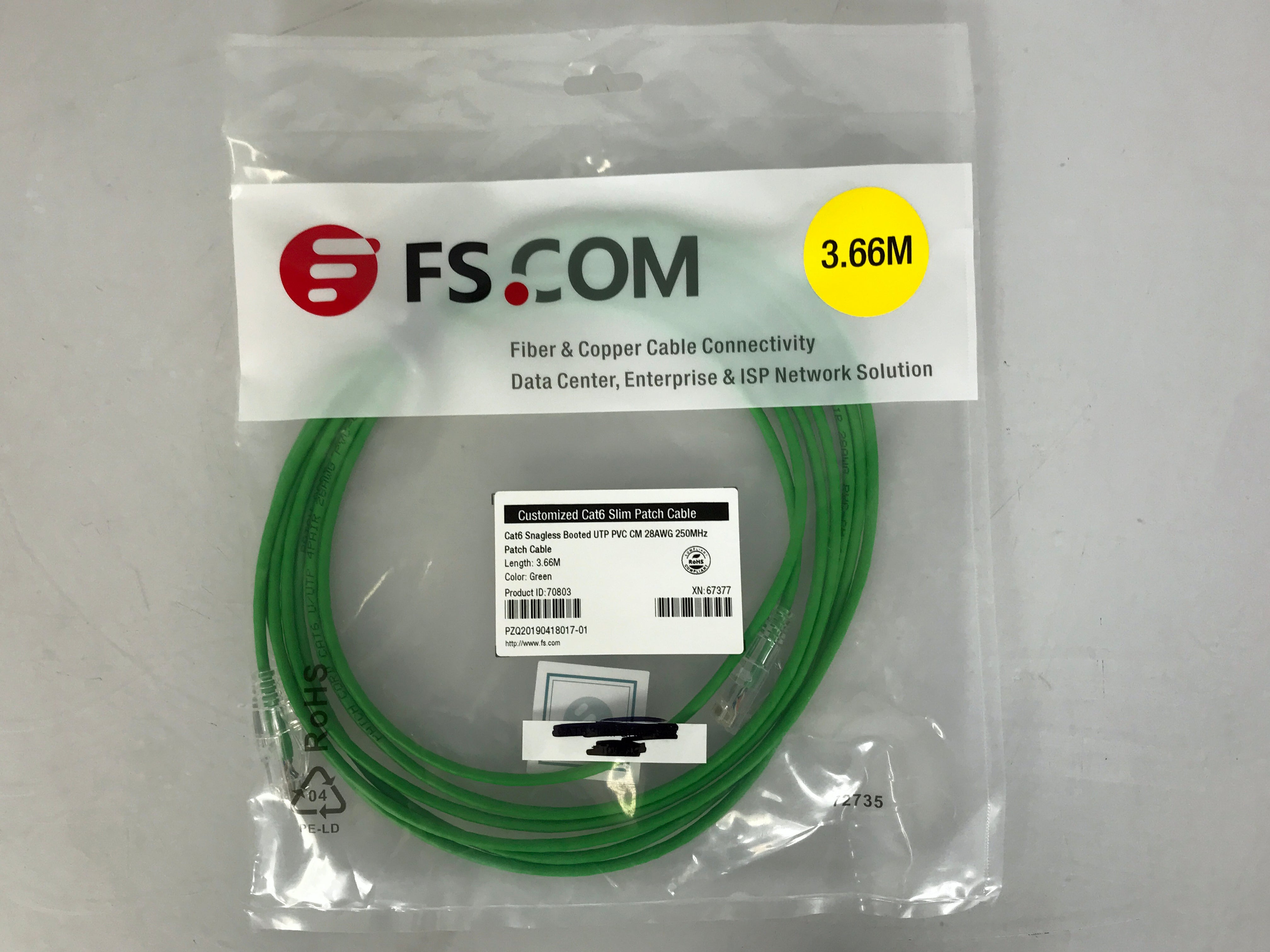 FS.Com 70803 3.66m Cat6 Snagless Booted UTP PVC CM 28AWG 250MHz Slim Patch Cable