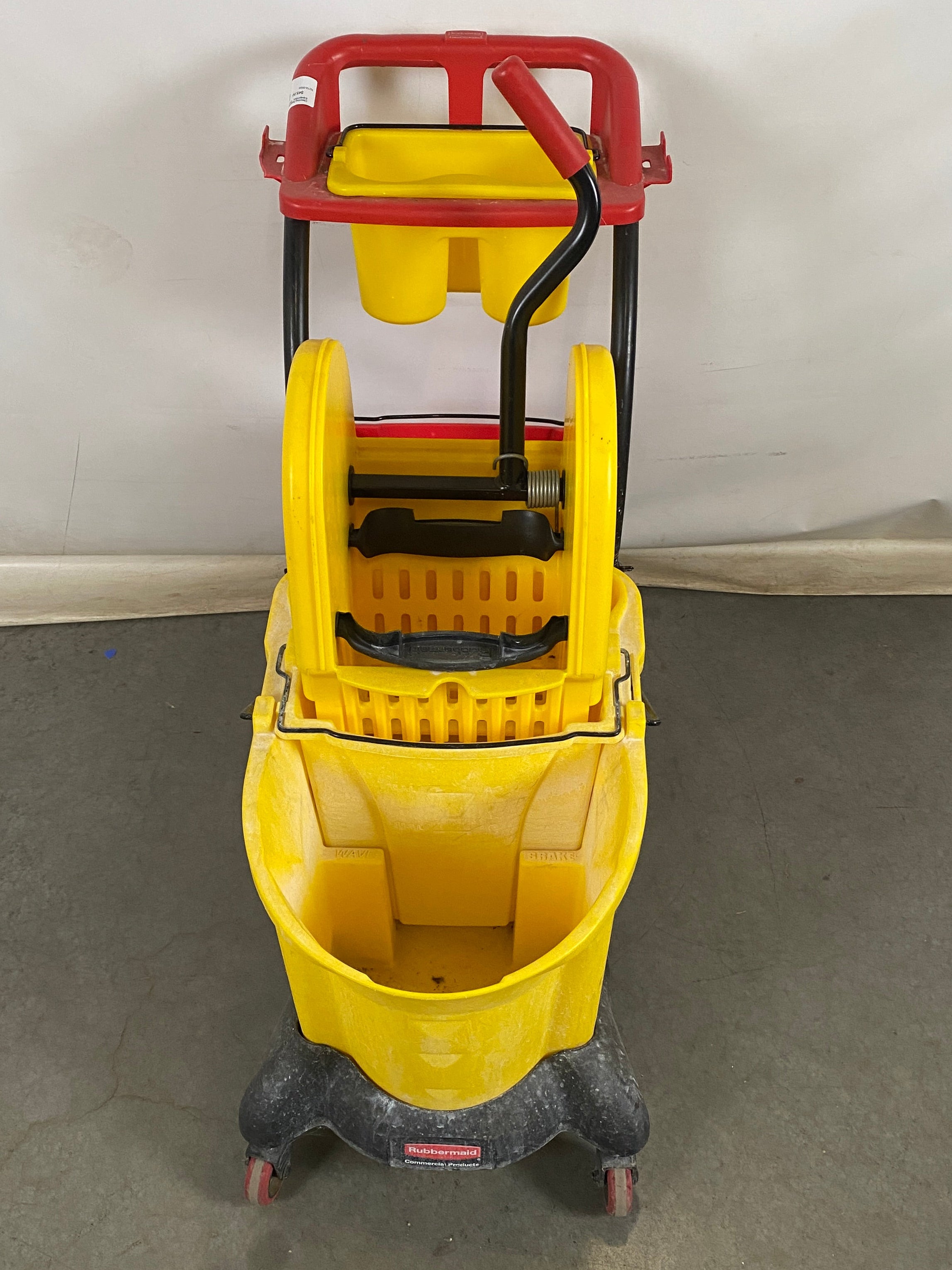 Rubbermaid Yellow and Red Rolling Mop Bucket