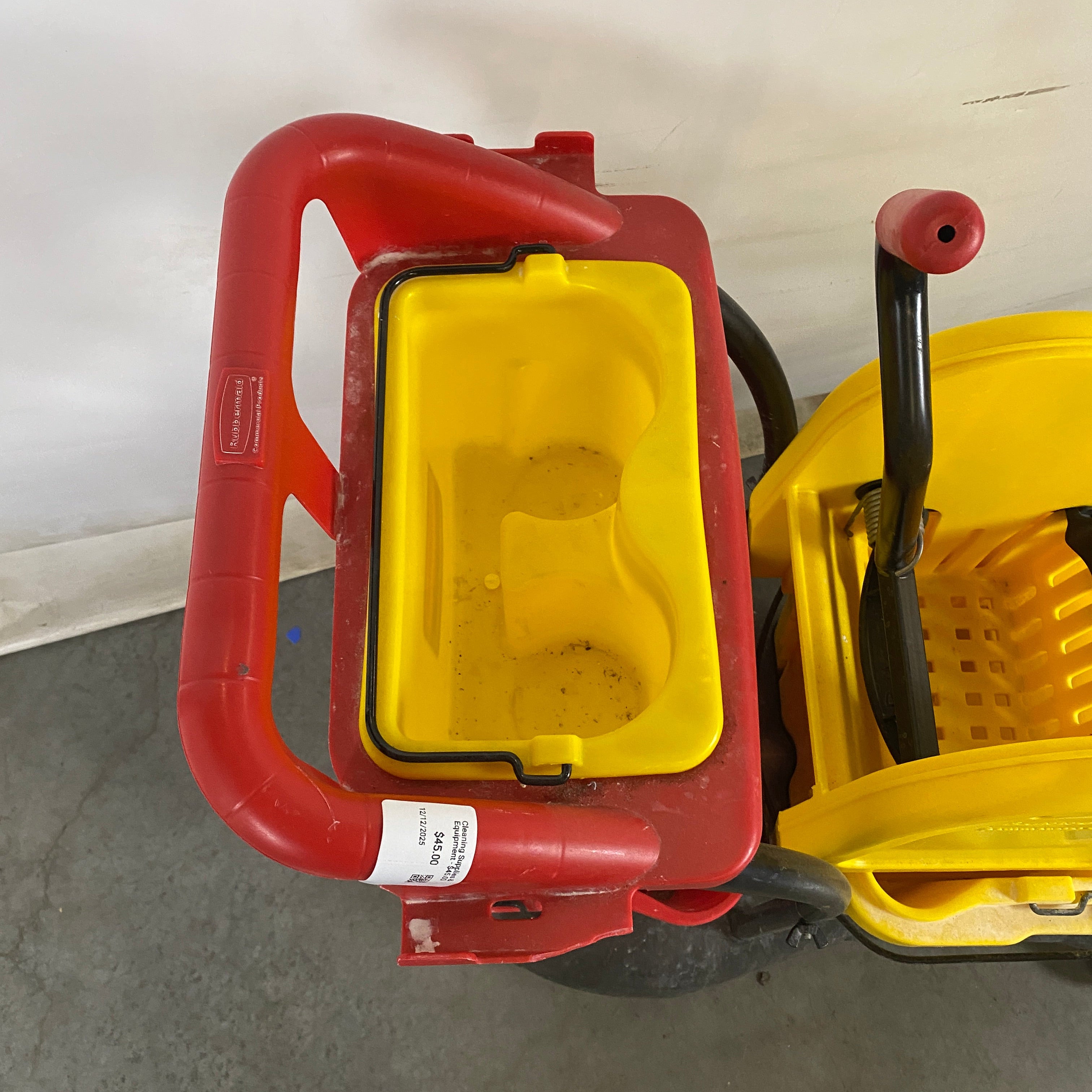 Rubbermaid Yellow and Red Rolling Mop Bucket
