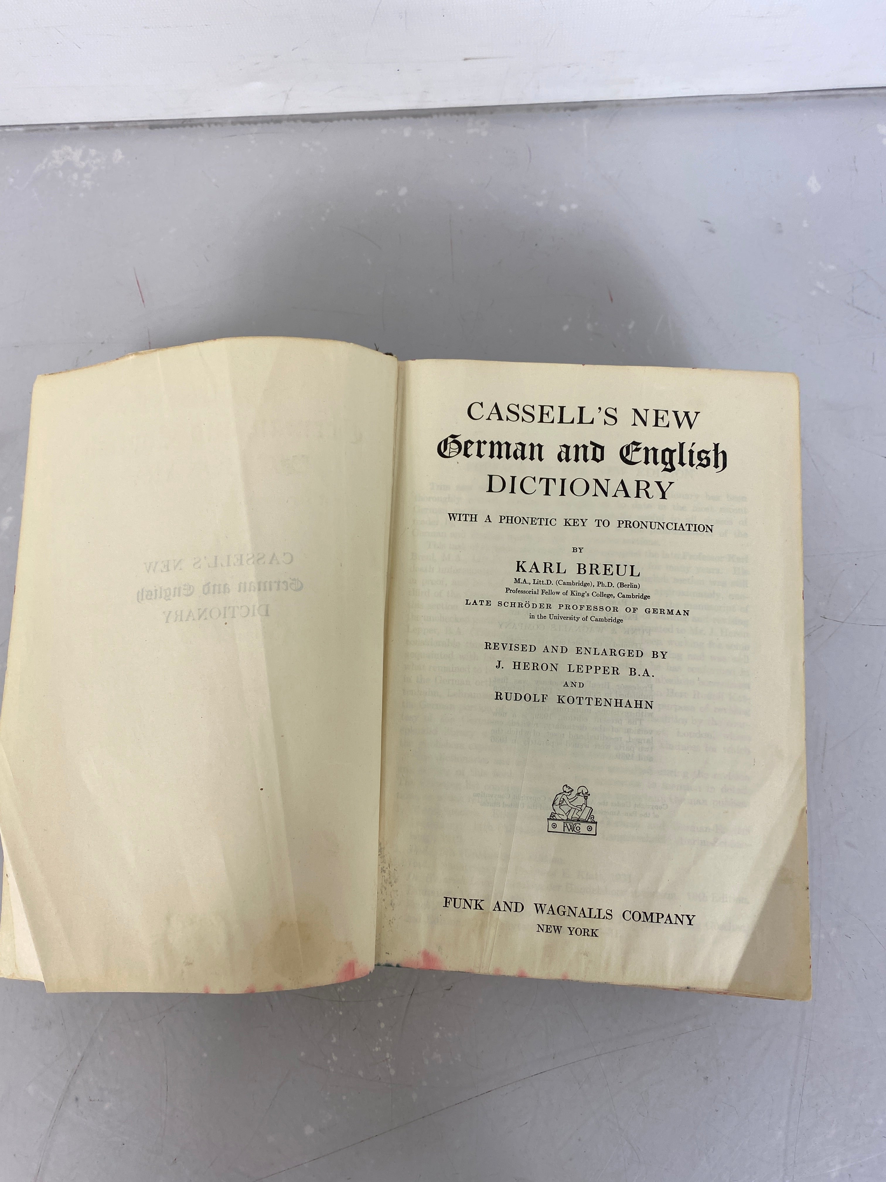 Cassell's New German and English Dictionary Karl Breul Funk and Wagnalls 1939 HC