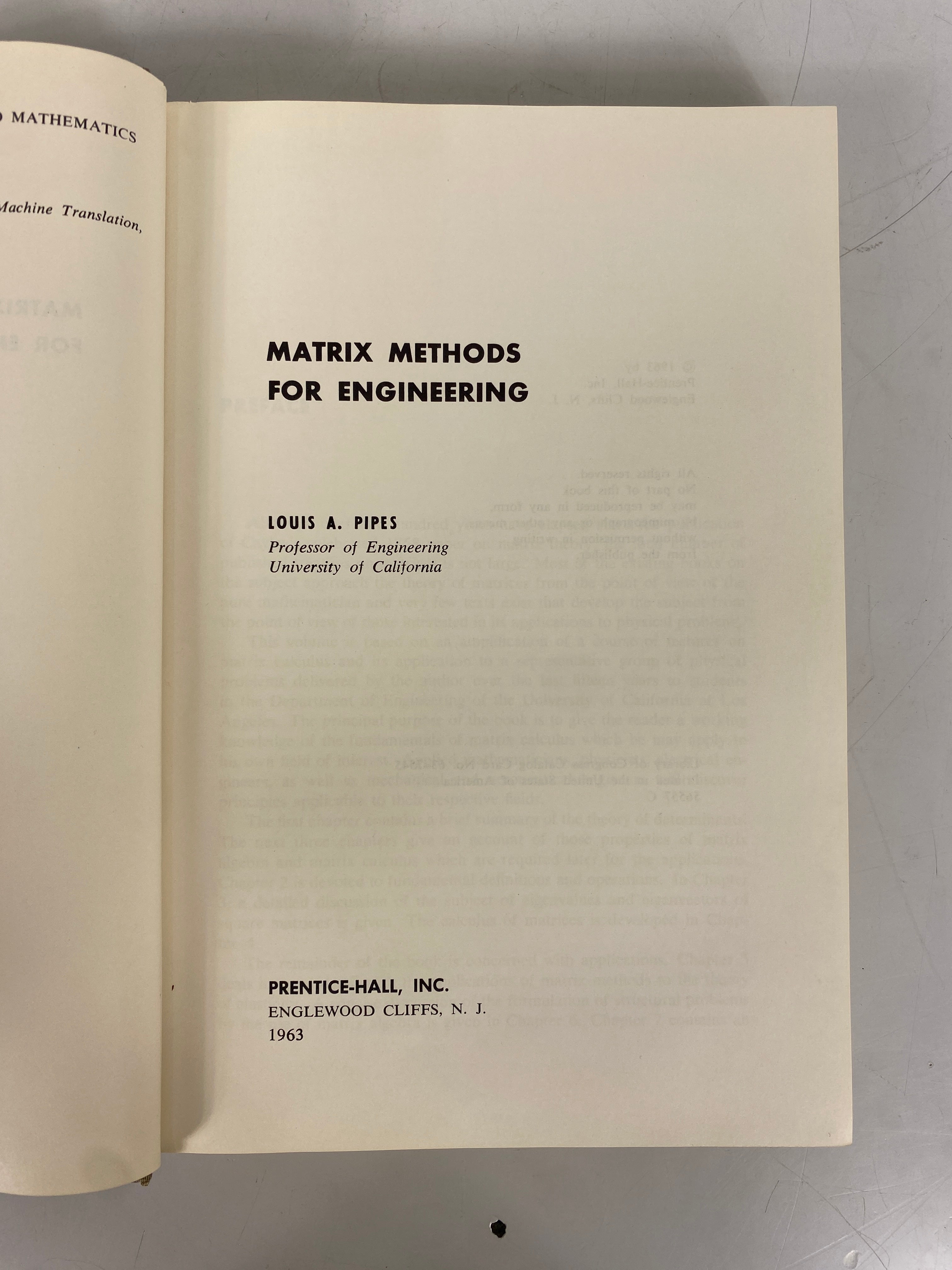 Matrix Methods for Engineering by Louis A. Pipes 1963 HC DJ