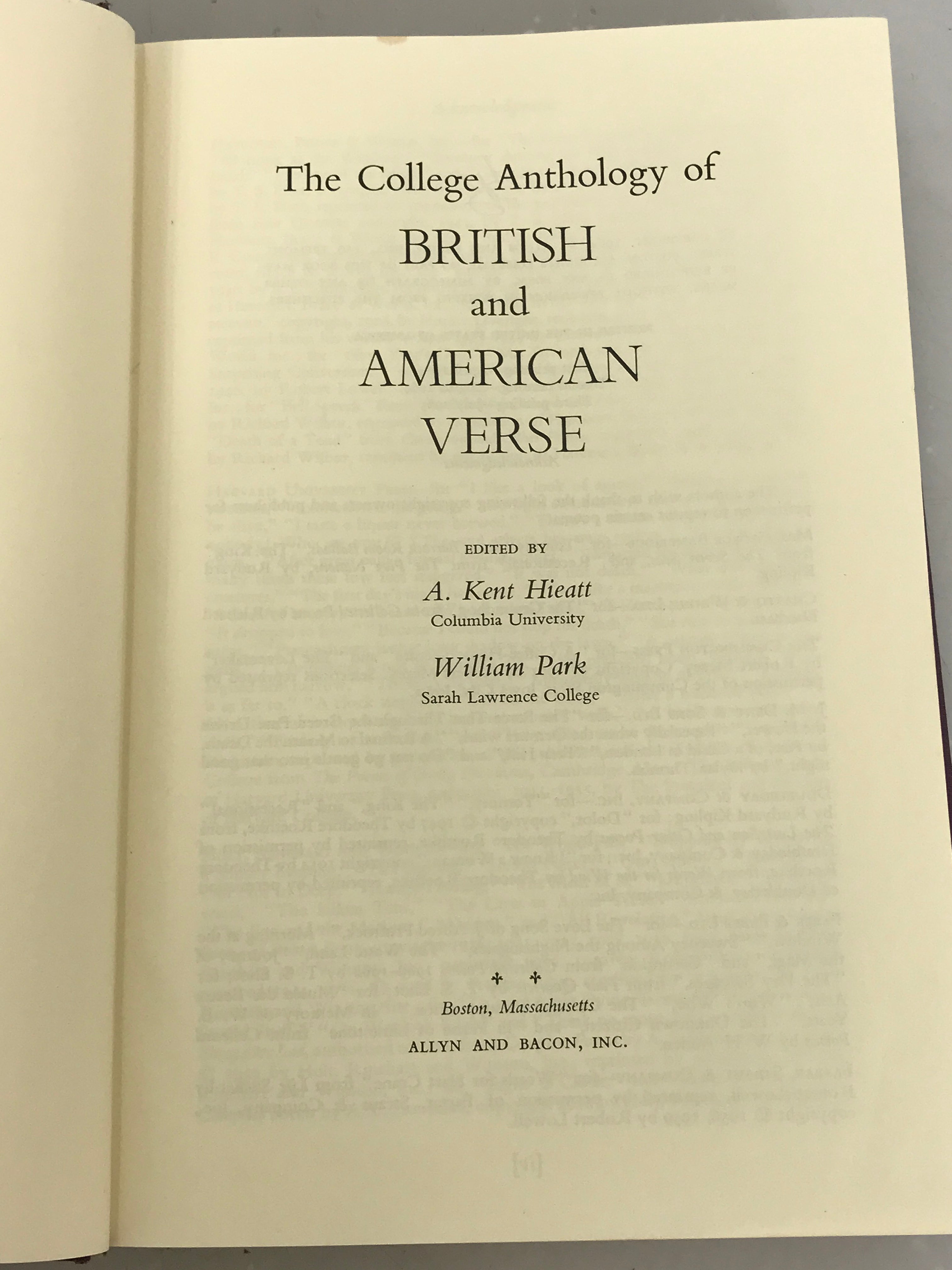 The College Anthology of British and American Verse by Hieatt and Park 1965 HC