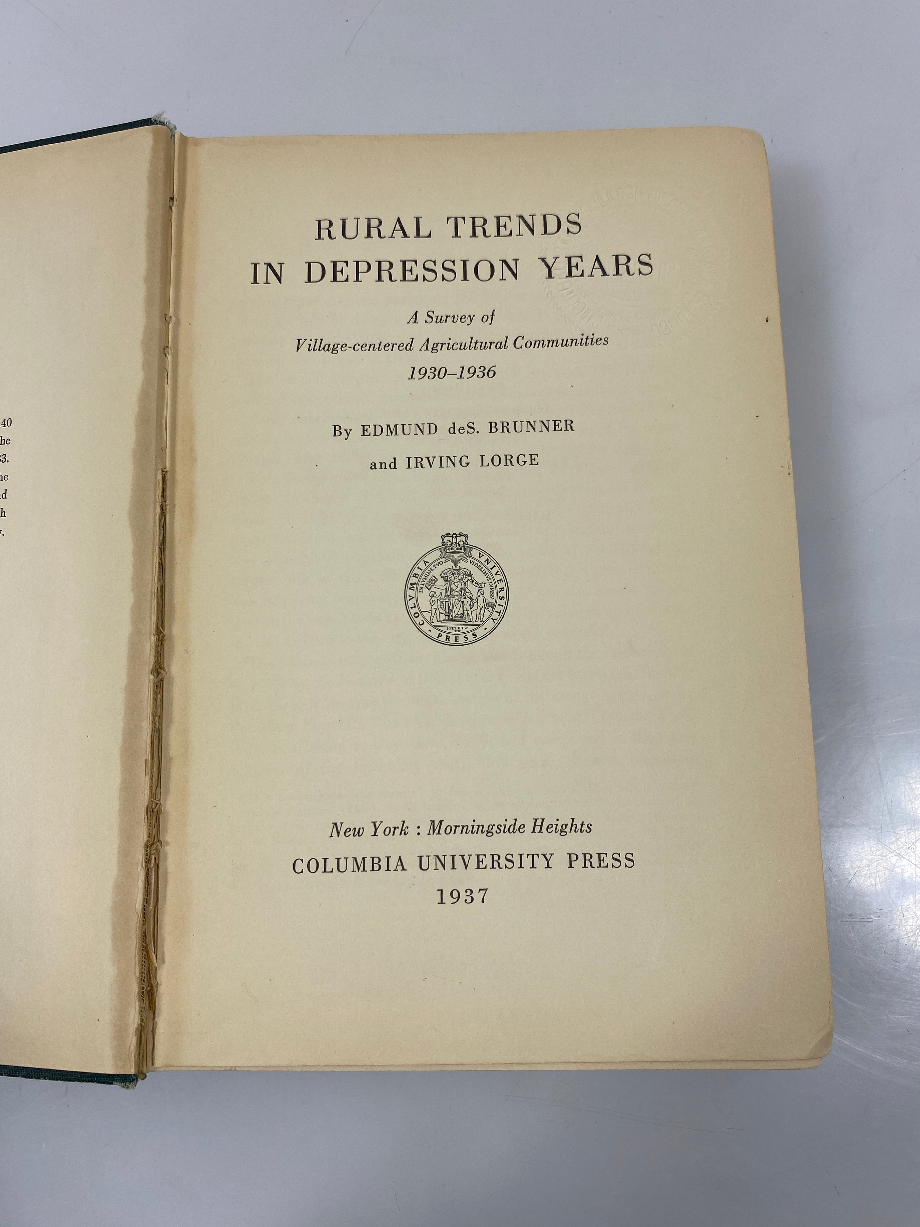 Rural Trends in Depression Years by Brunner/Lorge Ex-library 1937 HC