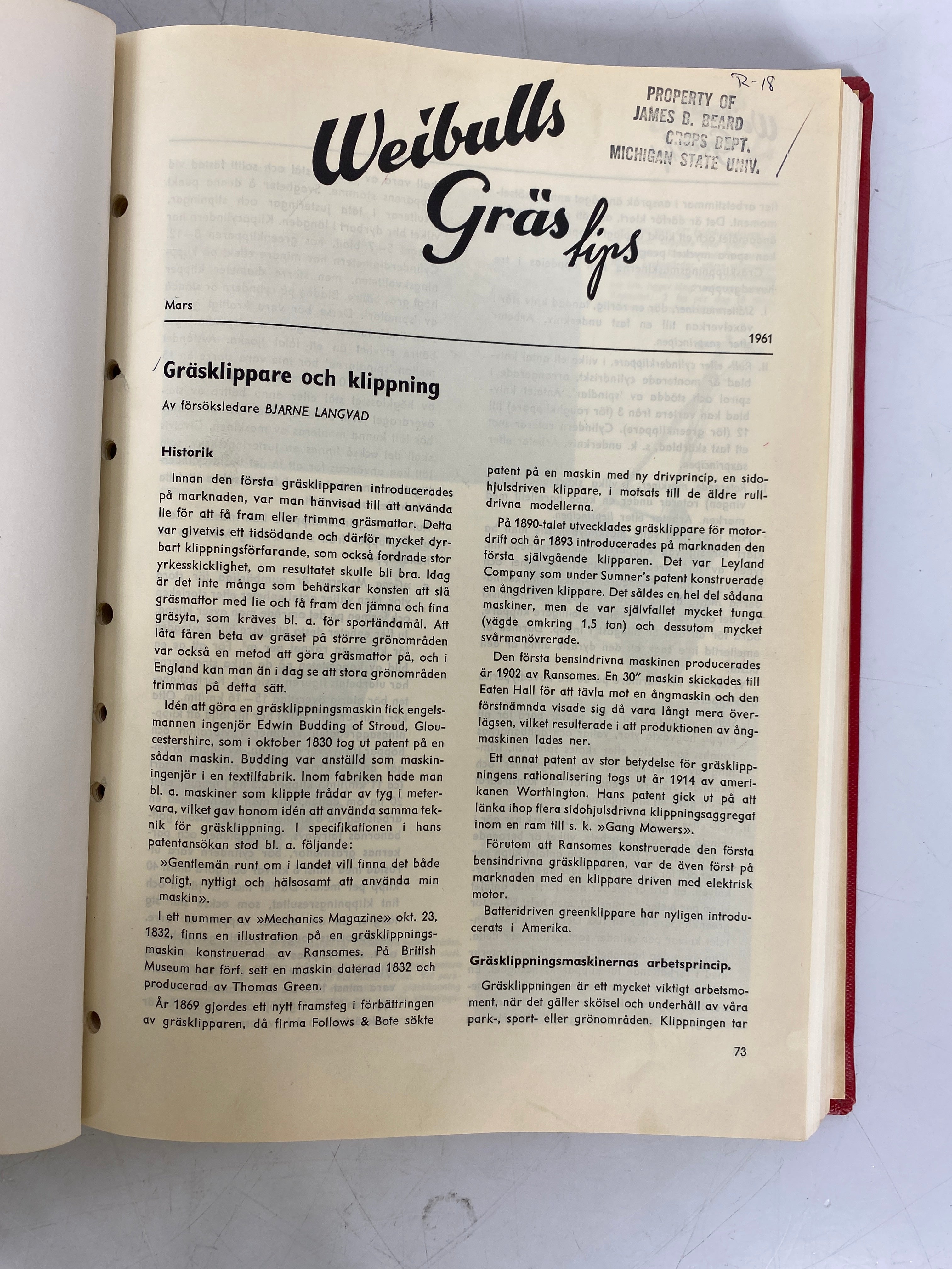 Weibull's Gras Tips (in Swedish) Bound Newsletters 1961-71 HC