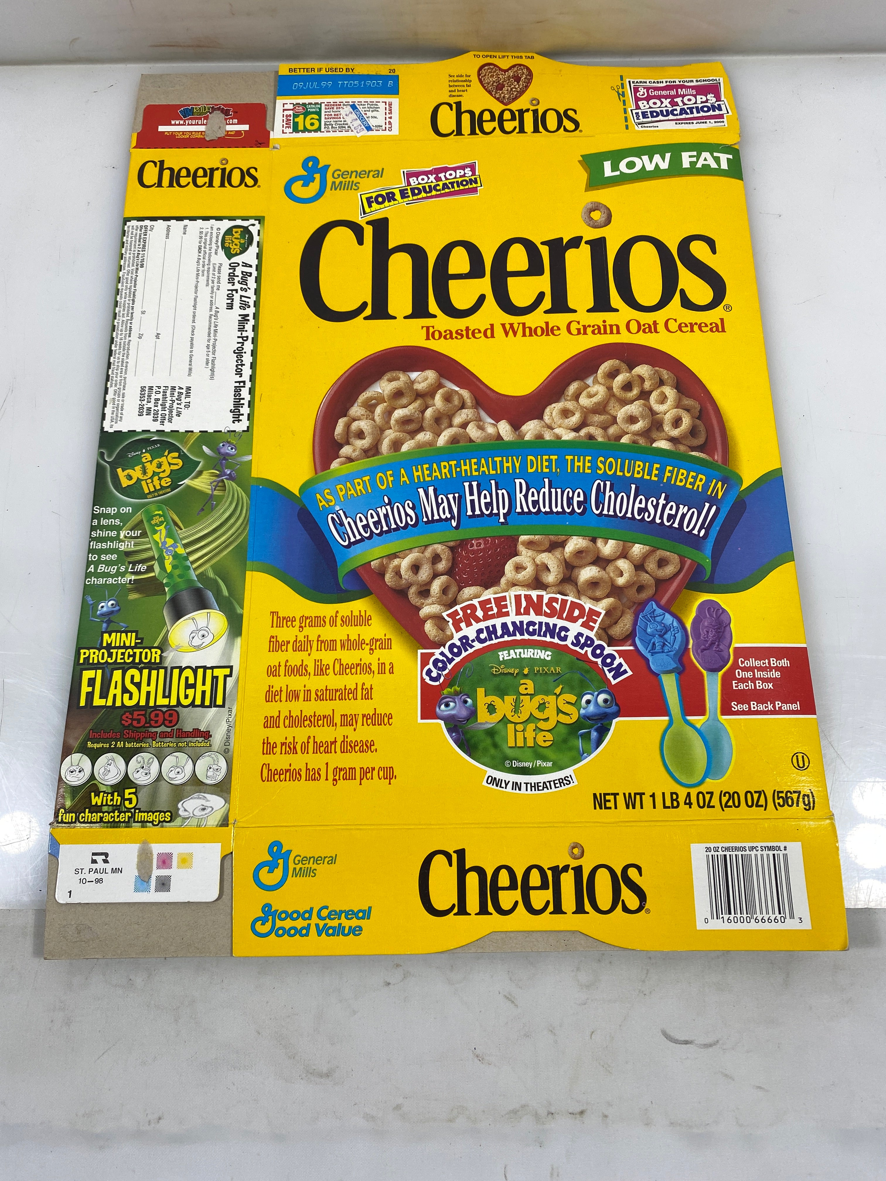 General Mills Cheerios Empty Cereal Box with A Bug's Life Collector Spoons