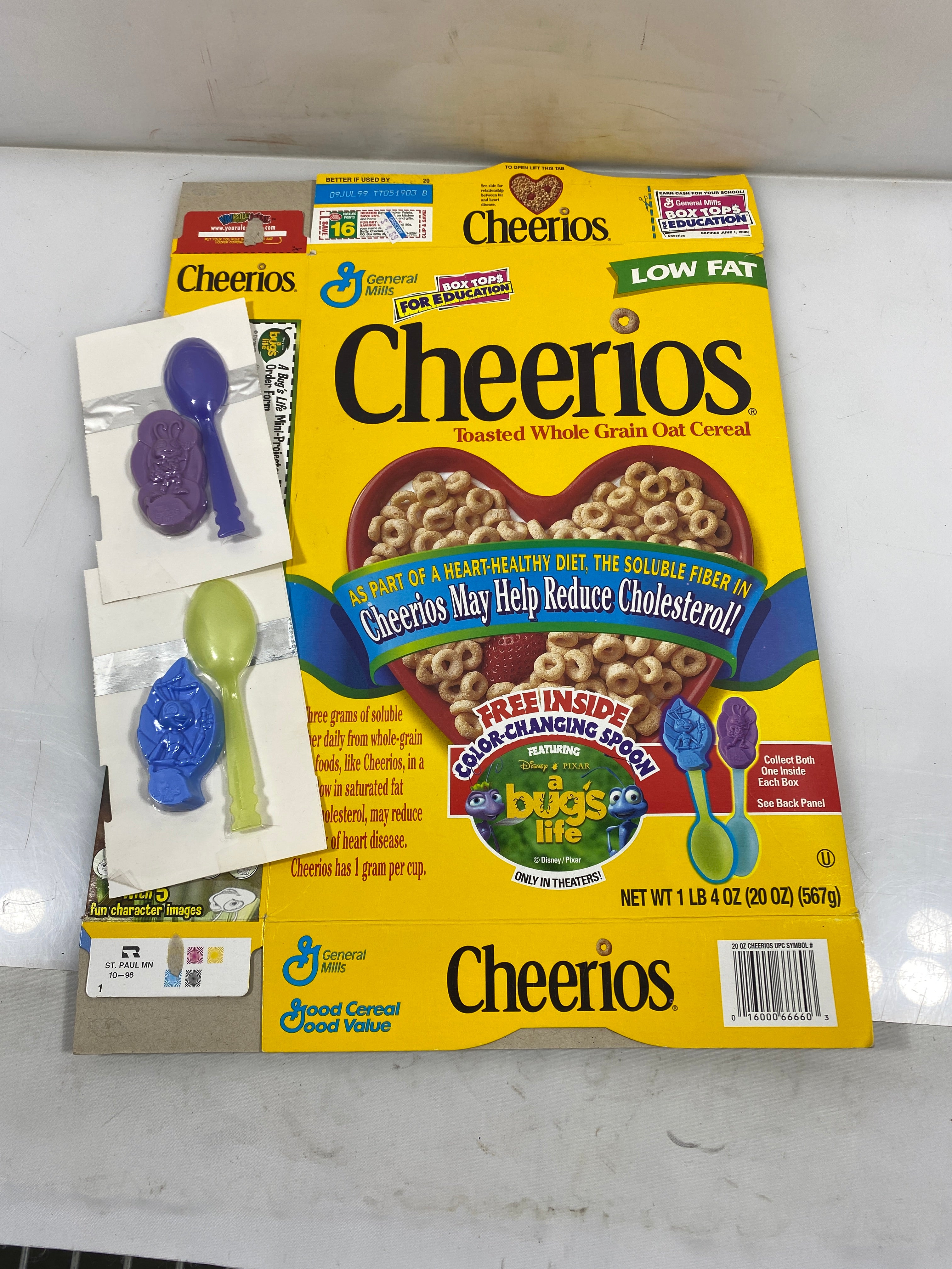 General Mills Cheerios Empty Cereal Box with A Bug's Life Collector Spoons