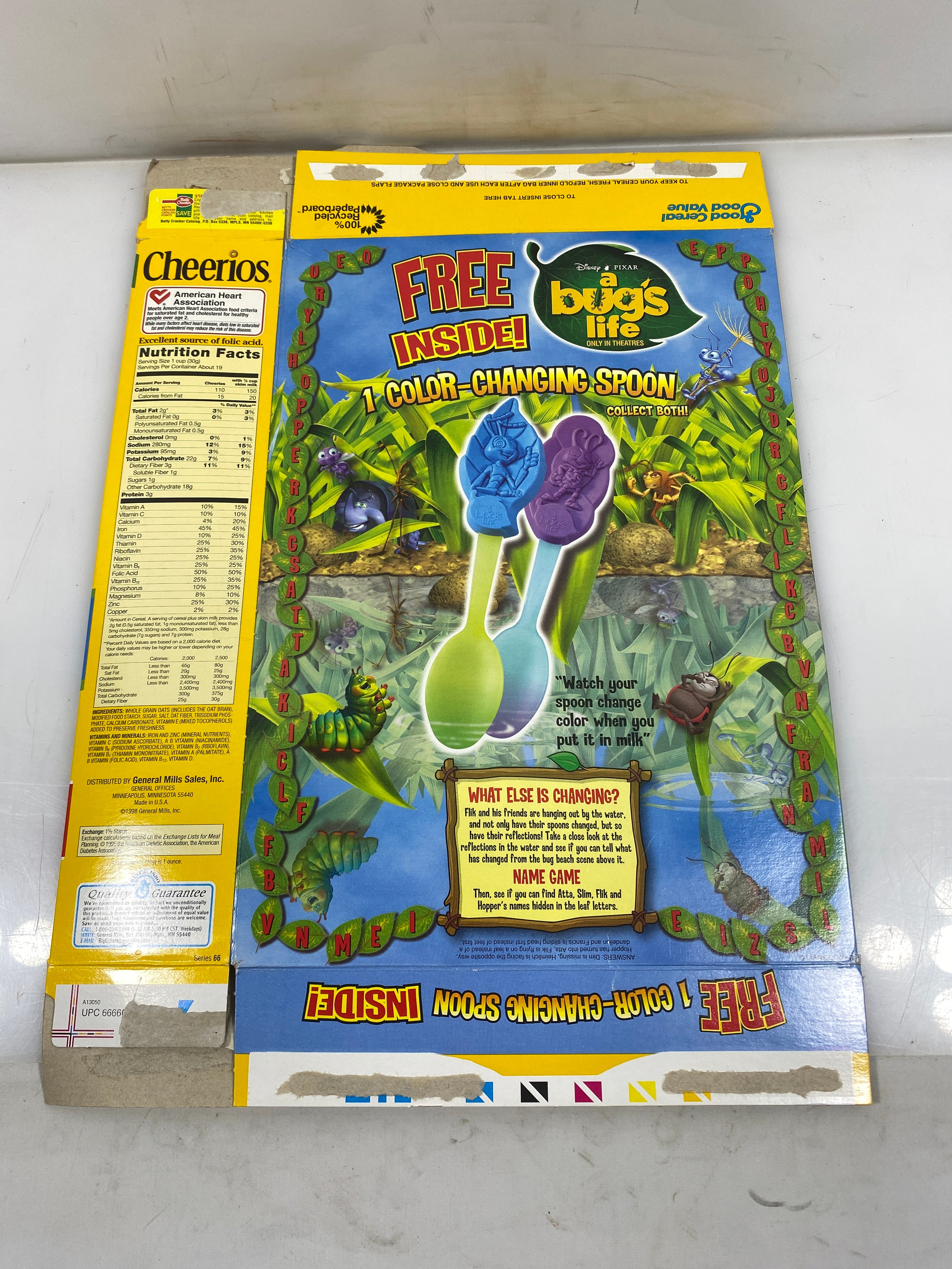 General Mills Cheerios Empty Cereal Box with A Bug's Life Collector Spoons