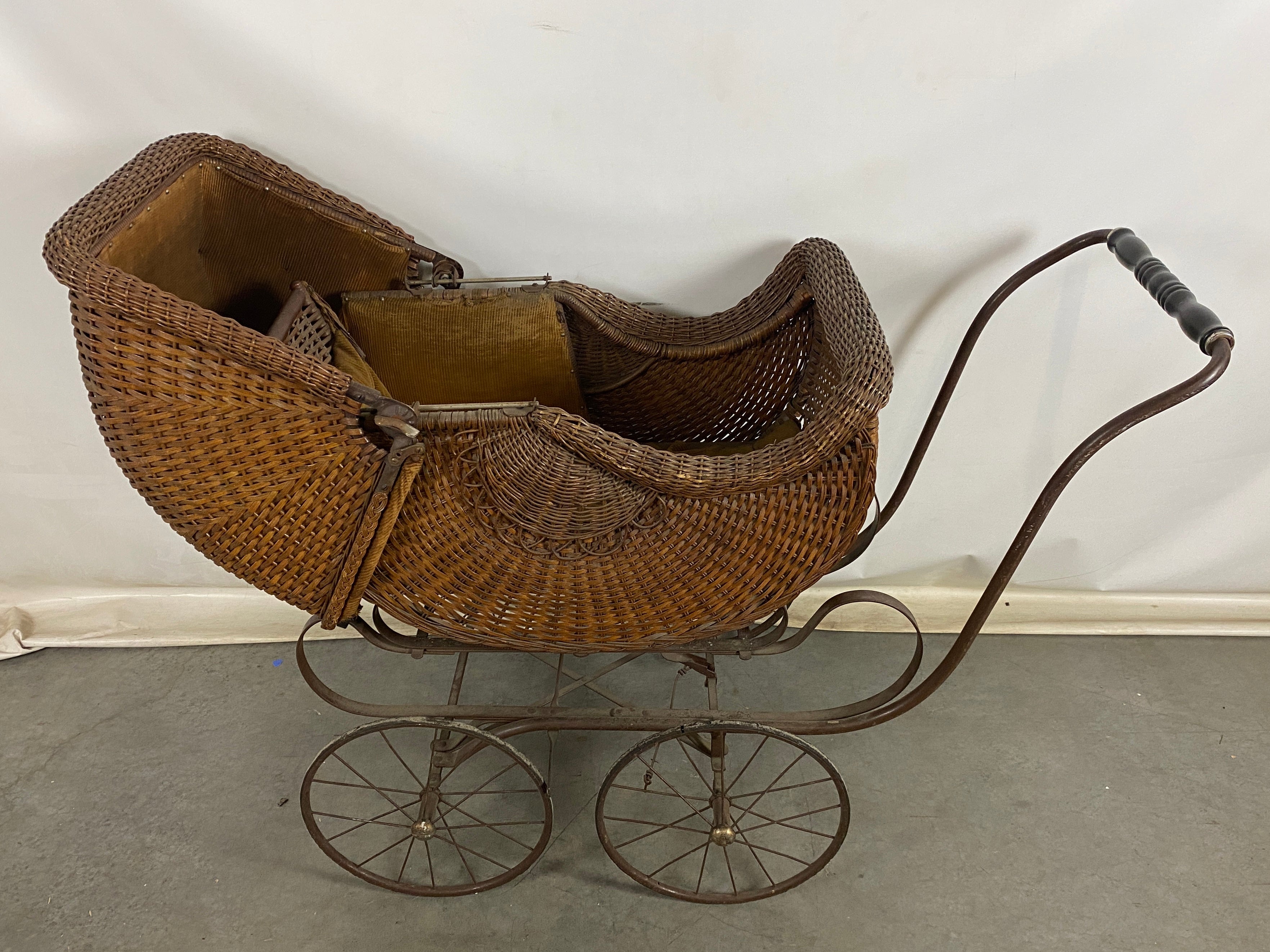 Antique Brown Wicker Woven Baby Carriage