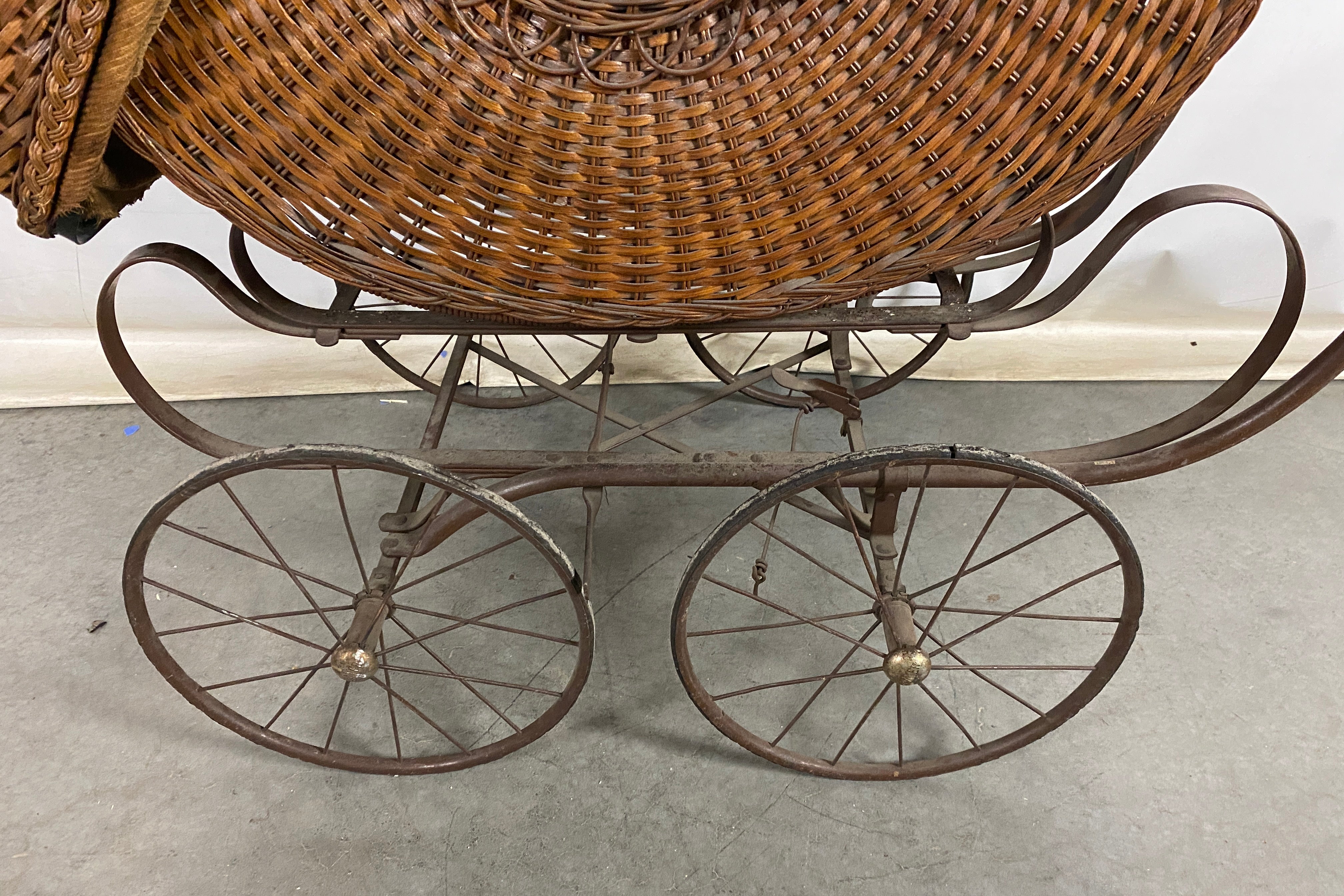 Antique Brown Wicker Woven Baby Carriage
