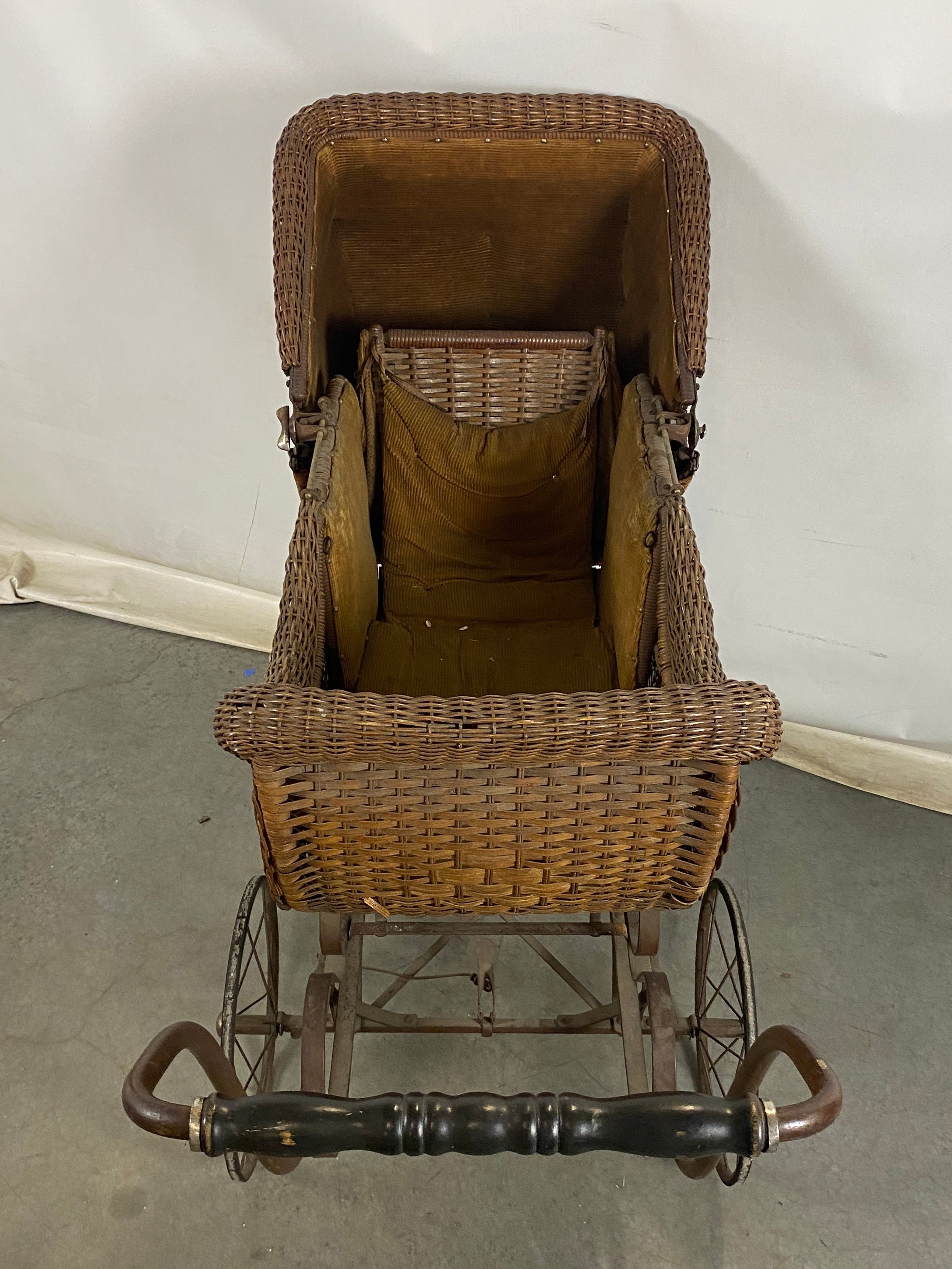 Antique Brown Wicker Woven Baby Carriage
