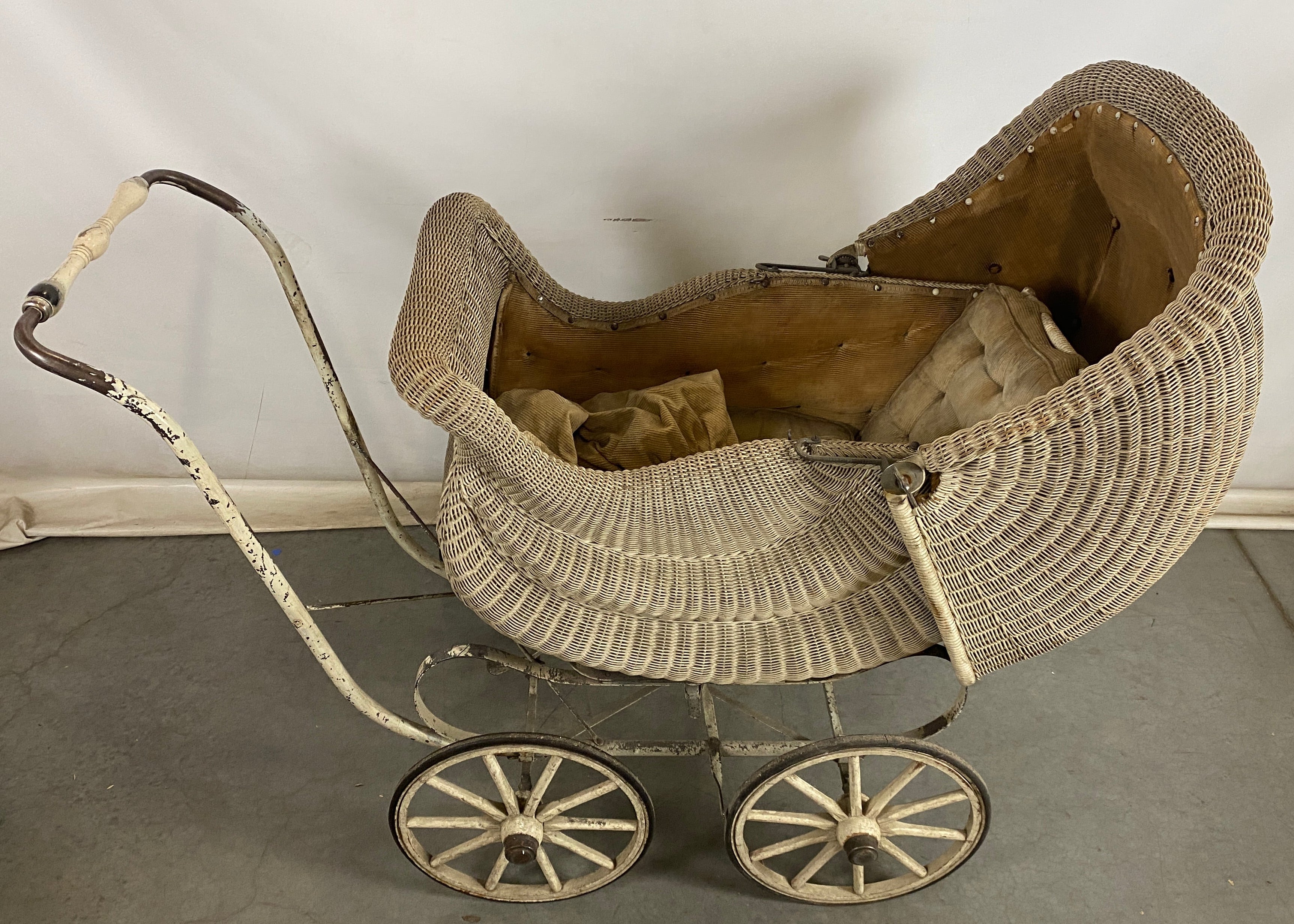 Antique White Wicker Woven Baby Carriage