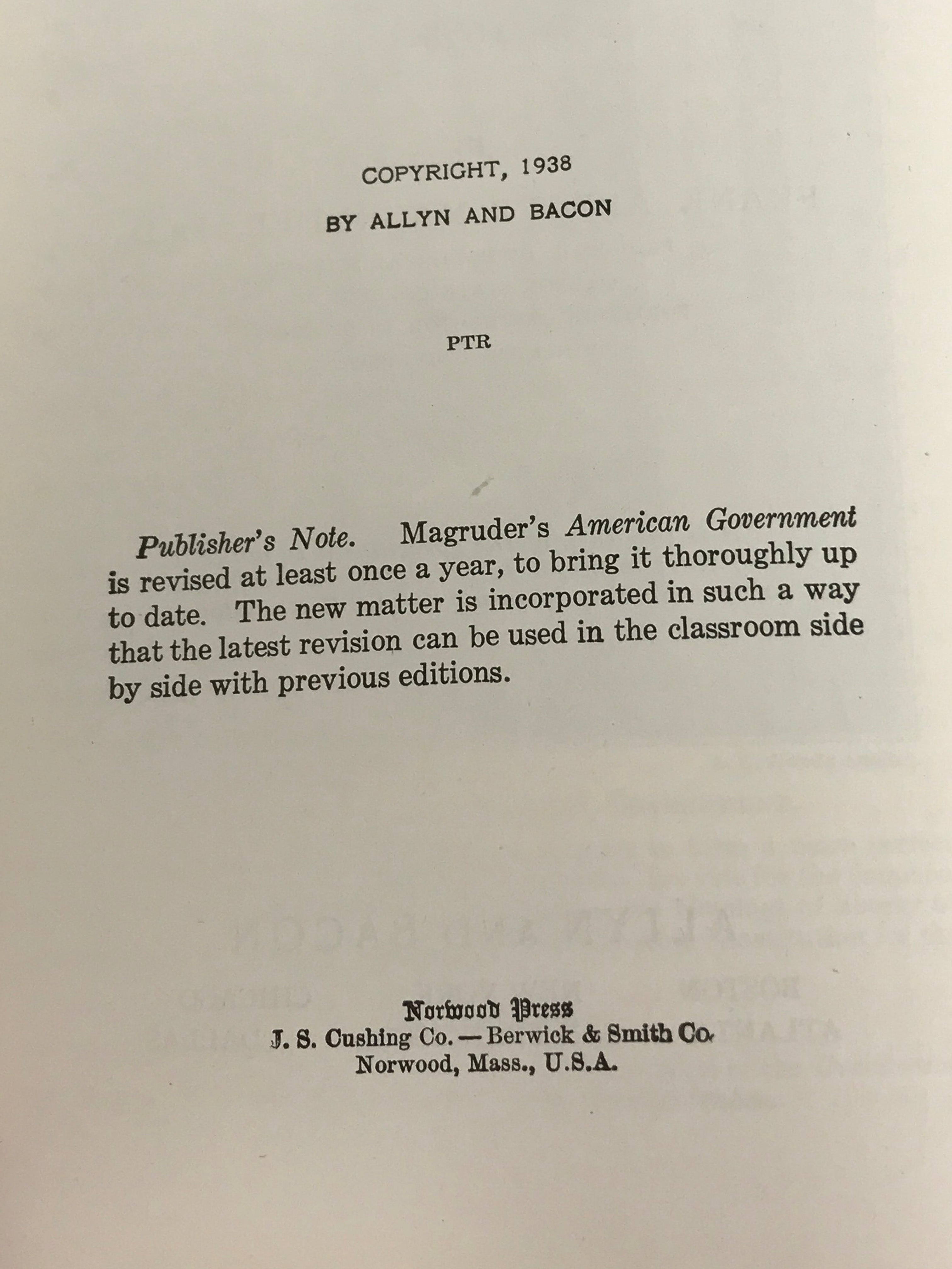 American Government 1938 Edition Frank Magruder 1938 HC