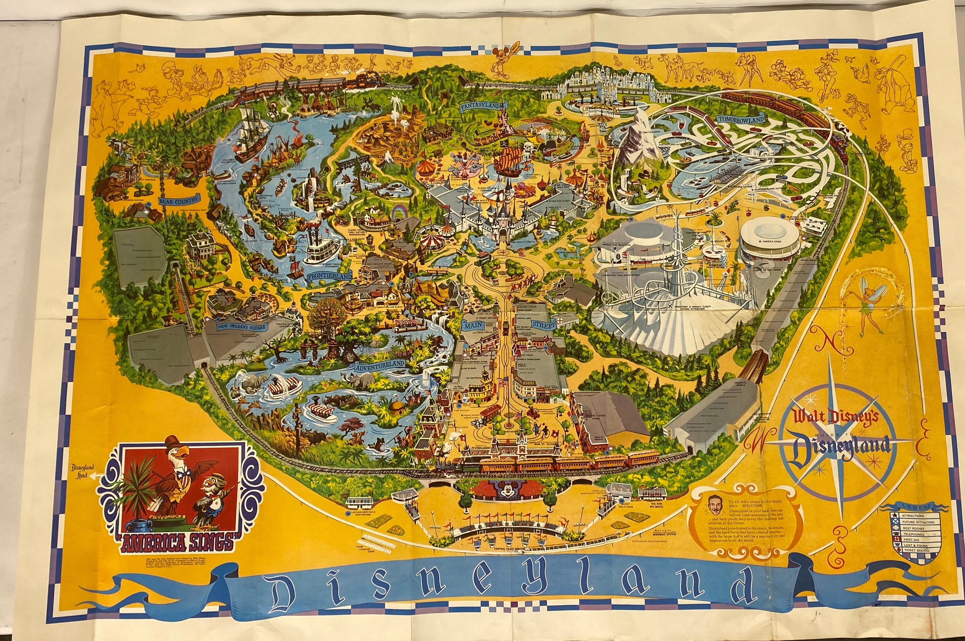 Vintage Disneyland Wall Map Poster "America Sings" 44 x 30" Paper 1974