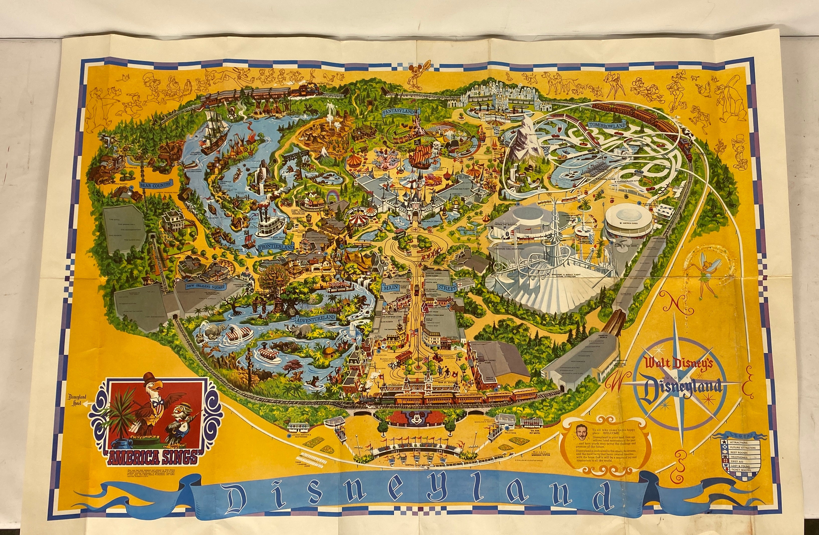 Vintage Disneyland Wall Map Poster "America Sings" 44 x 30" Paper 1974