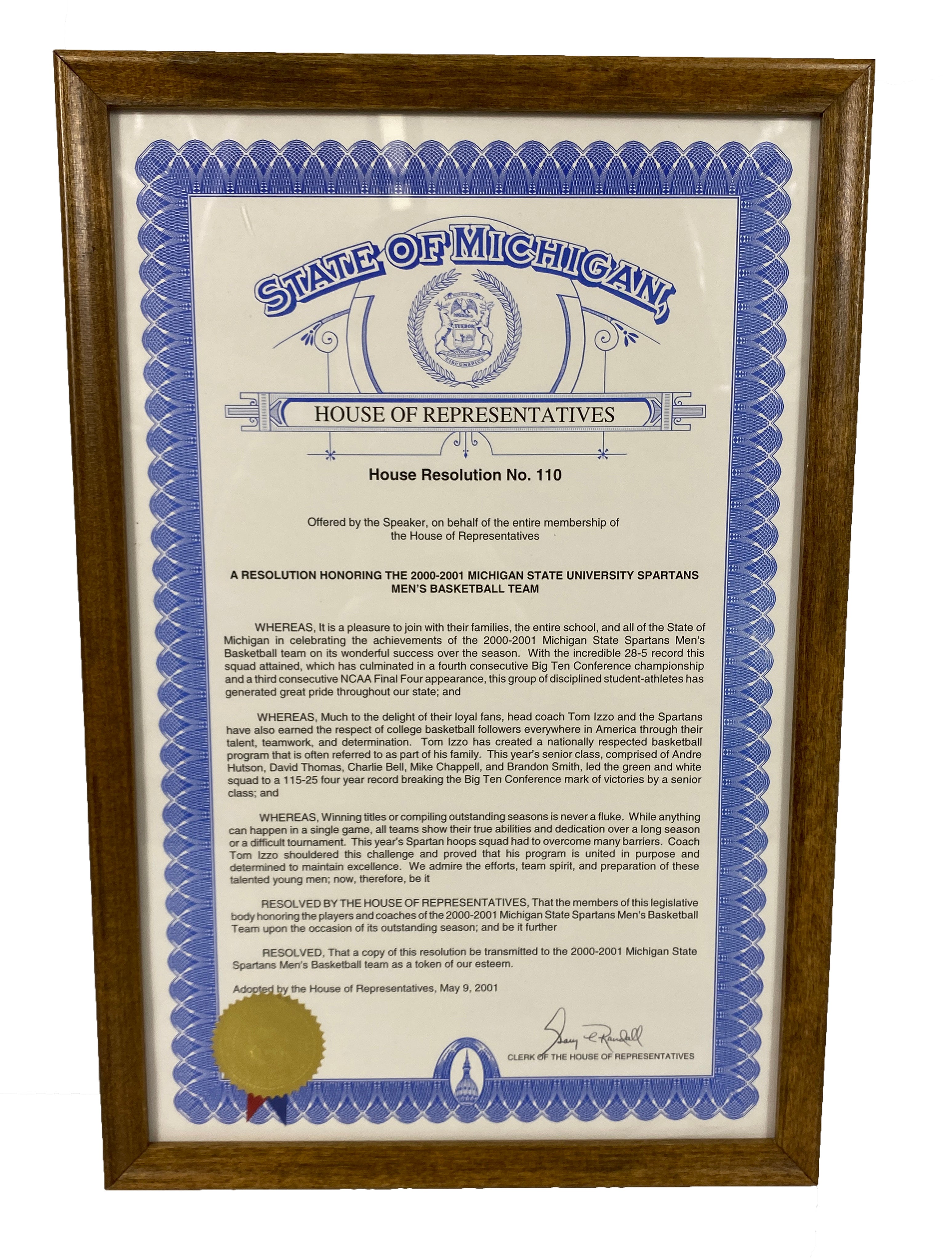 Framed Michigan House Resolution No. 110 Honoring 2000-2001 MSU Men's Basketball Team #1