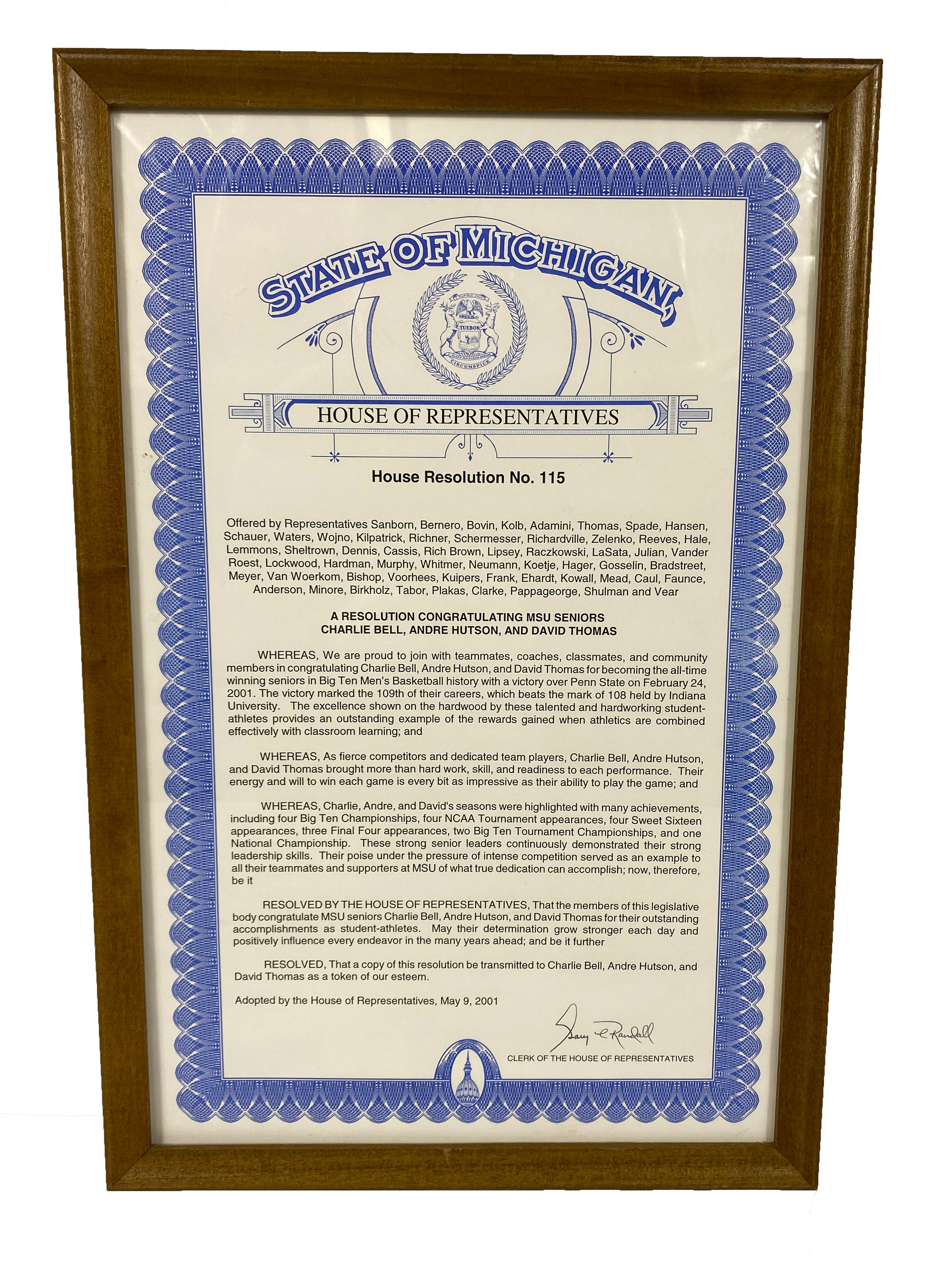 Framed Michigan House Resolution No. 115 Congratulating MSU Seniors Charlie Bell, Andre Hutson, and David Thomas #1