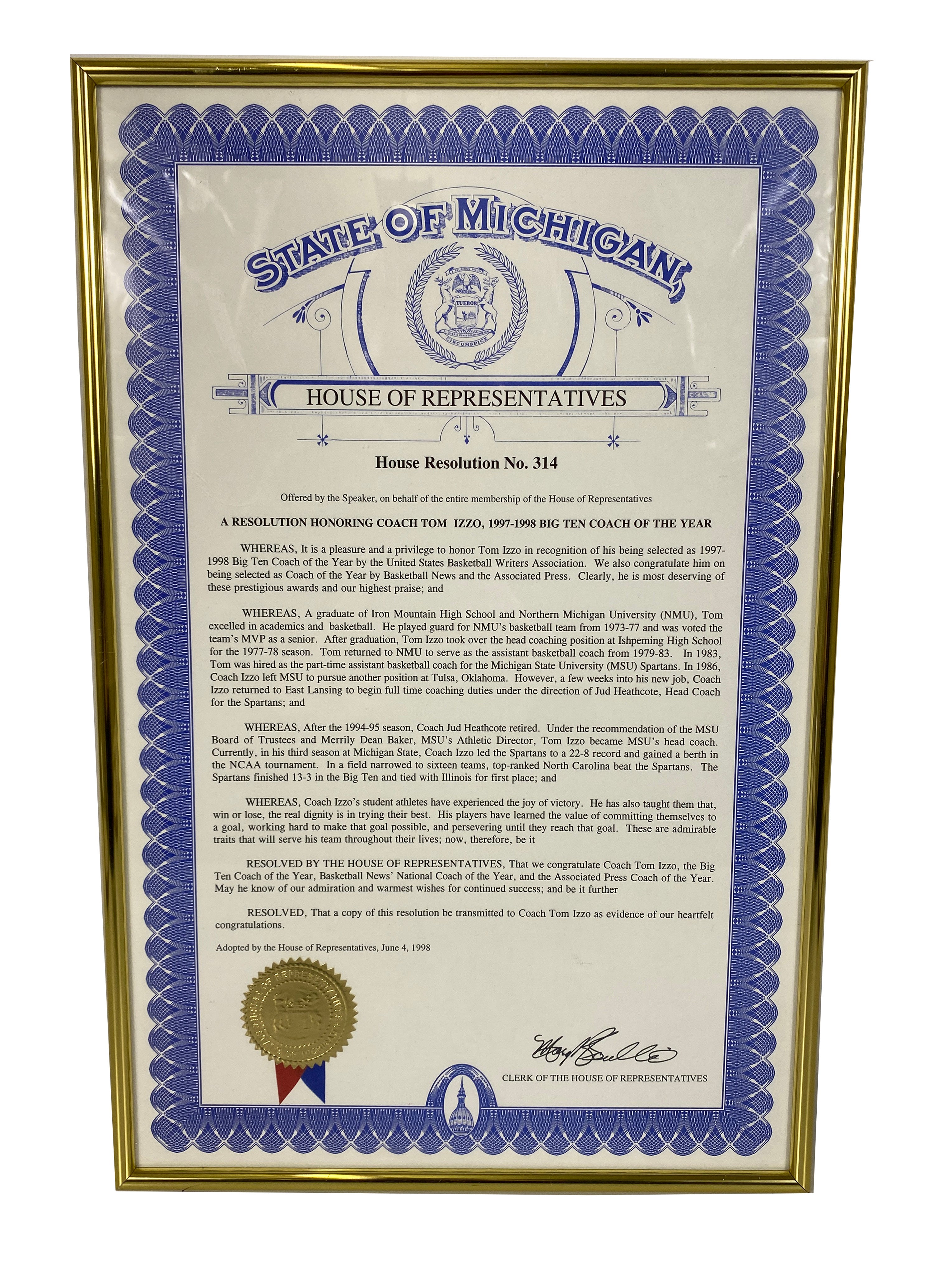 Framed Michigan House Resolution No. 314 Honoring Coach Tom Izzo 1997-1998 Big Ten Coach of the Year