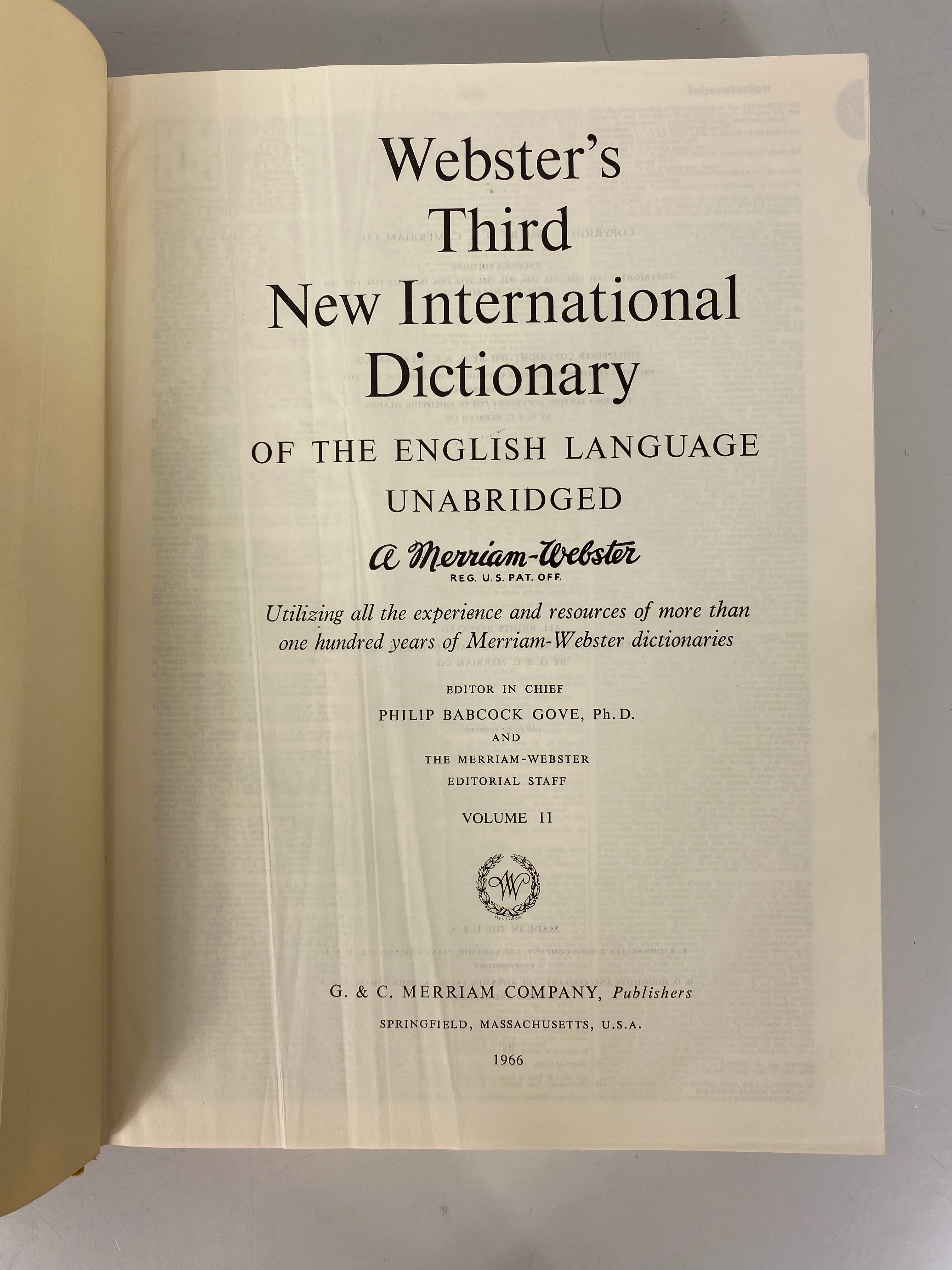 2 Volume Set Webster's Third New International Dictionary 1966 HC