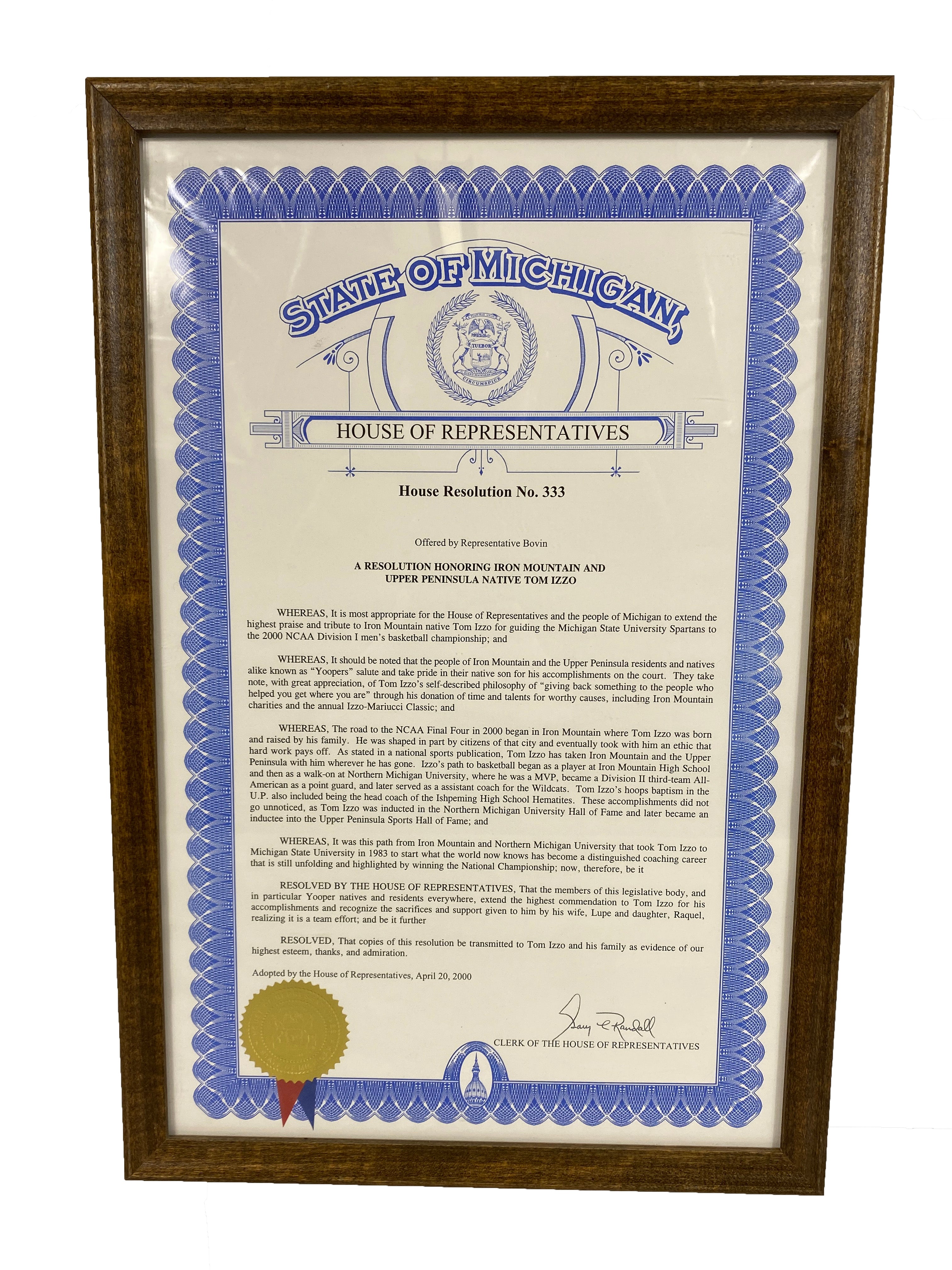 Framed Michigan House Resolution No. 333 Honoring Iron Mountain and Upper Peninsula Native Tom Izzo