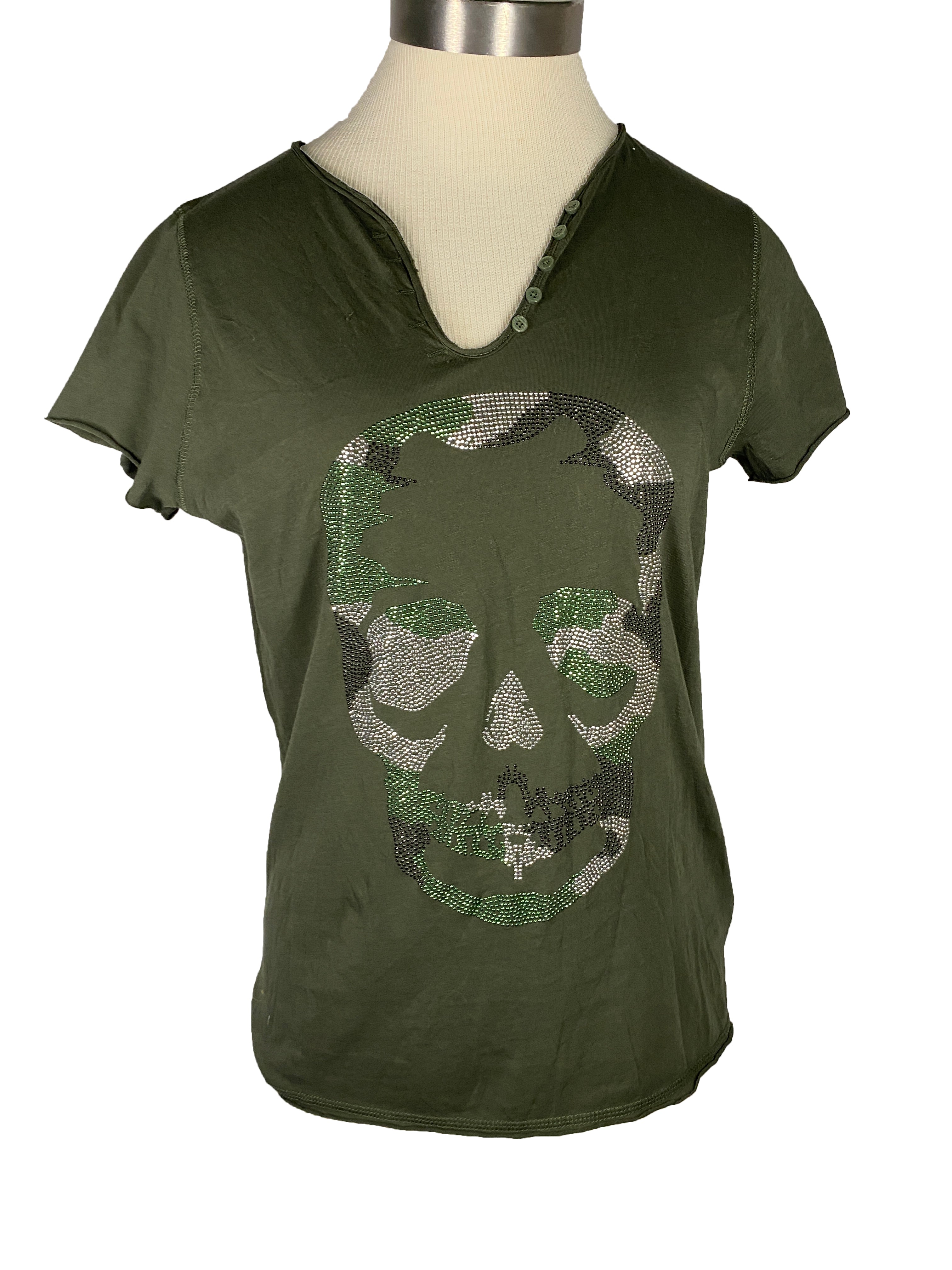 Zadig & Voltaire Dark Green Camouflage Beaded Skull Bouse Women's Size M