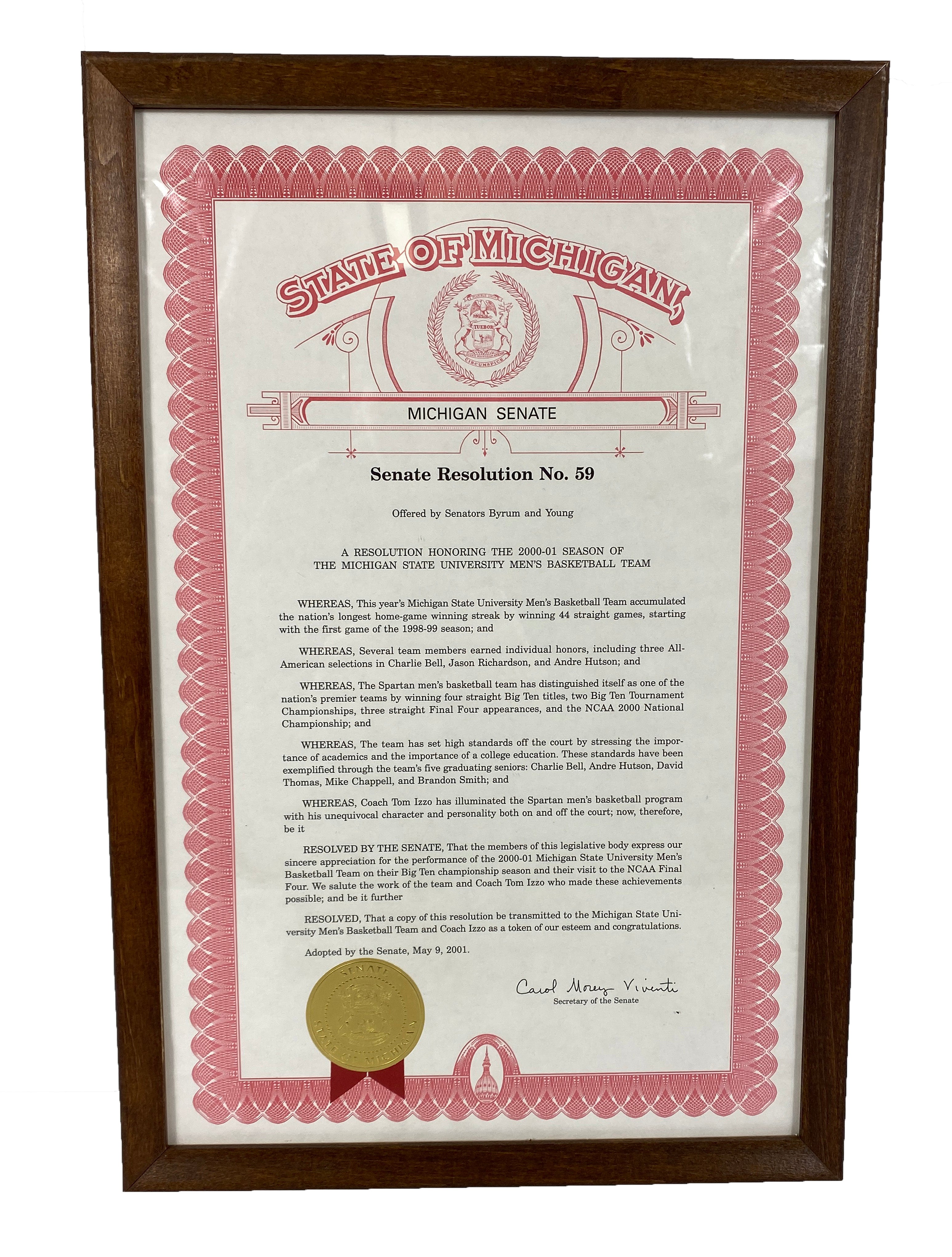 Framed Michigan Senate Resolution No. 59 Honoring 2000-2001 MSU Men's Basketball Team