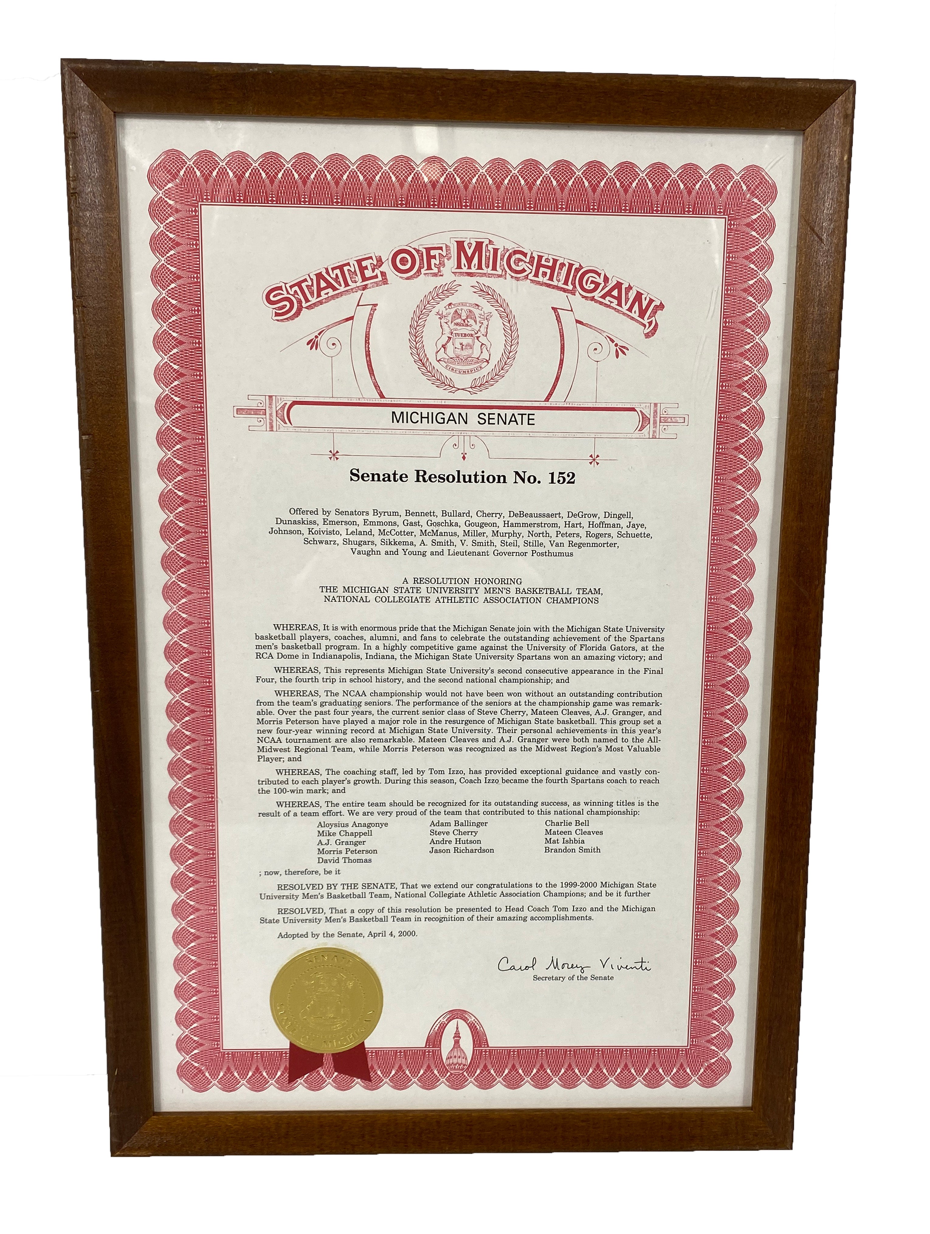 Framed Michigan Senate Resolution No. 152 Honoring MSU Men's Basketball Team NCAA Champions