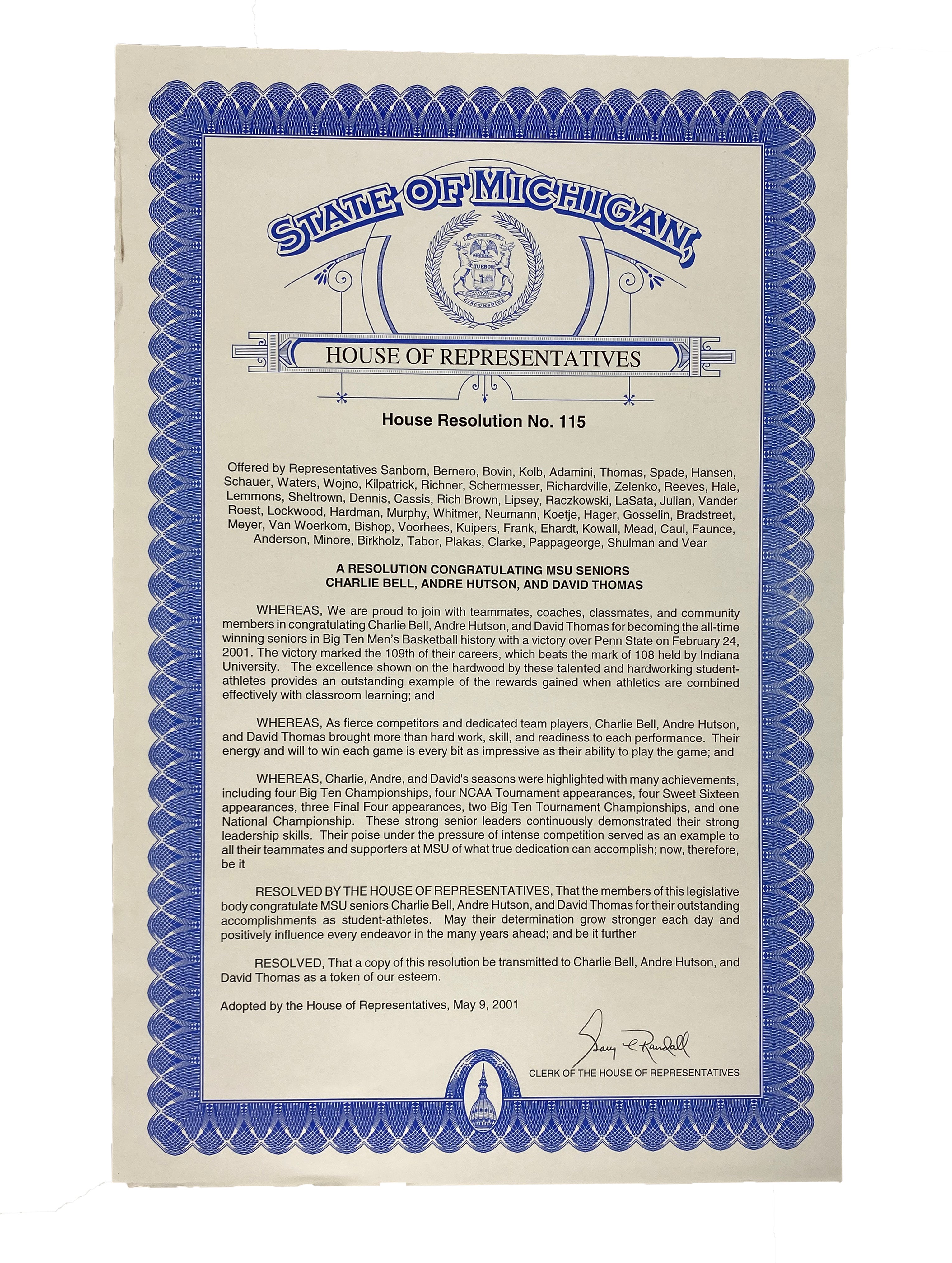 Michigan House Resolution No. 115 Congratulating MSU Seniors Charlie Bell, Andre Hutson, and David Thomas