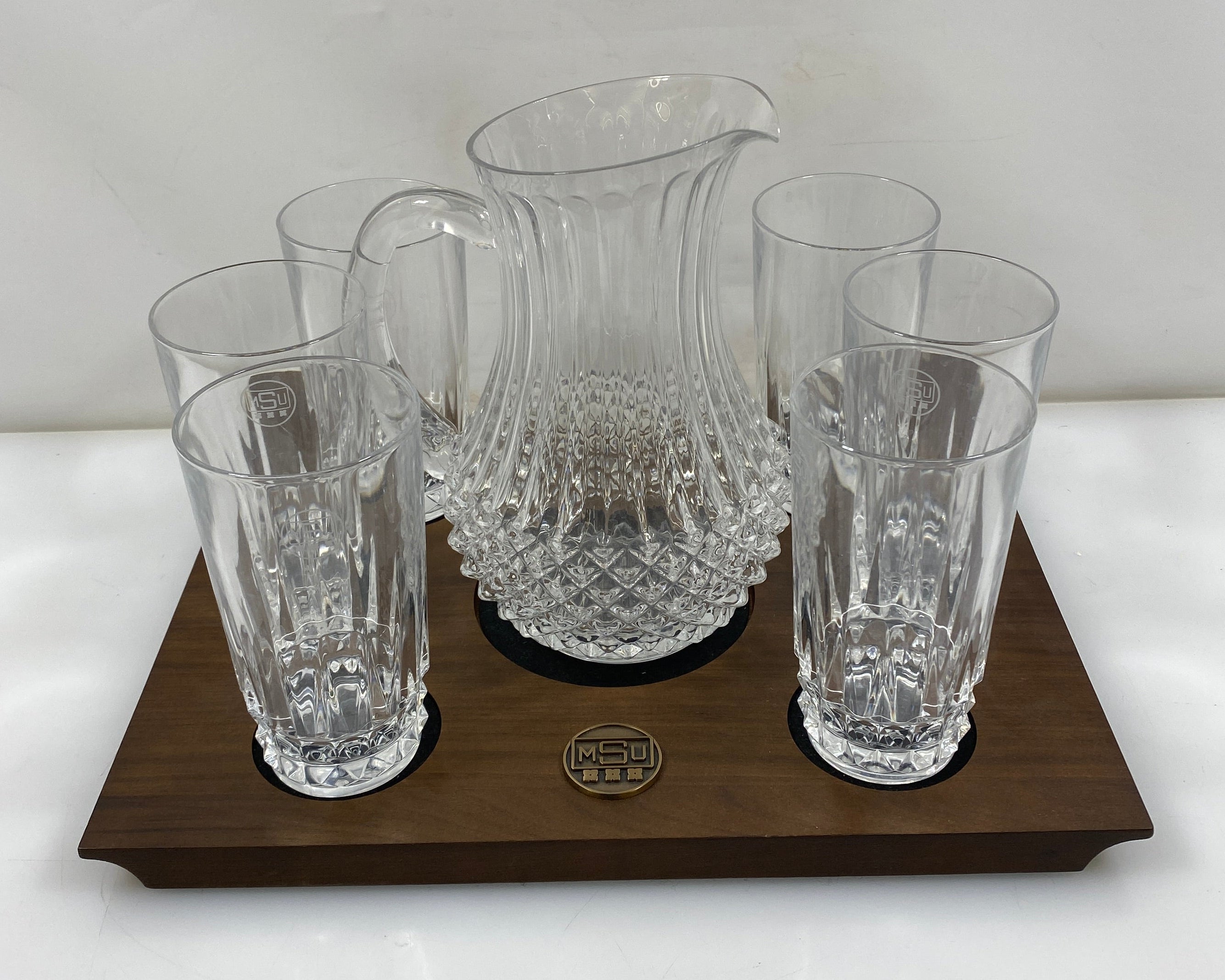 Jostons "MSU" Set of Glass Cups and Pitcher w/ Wooden and Felt Platter