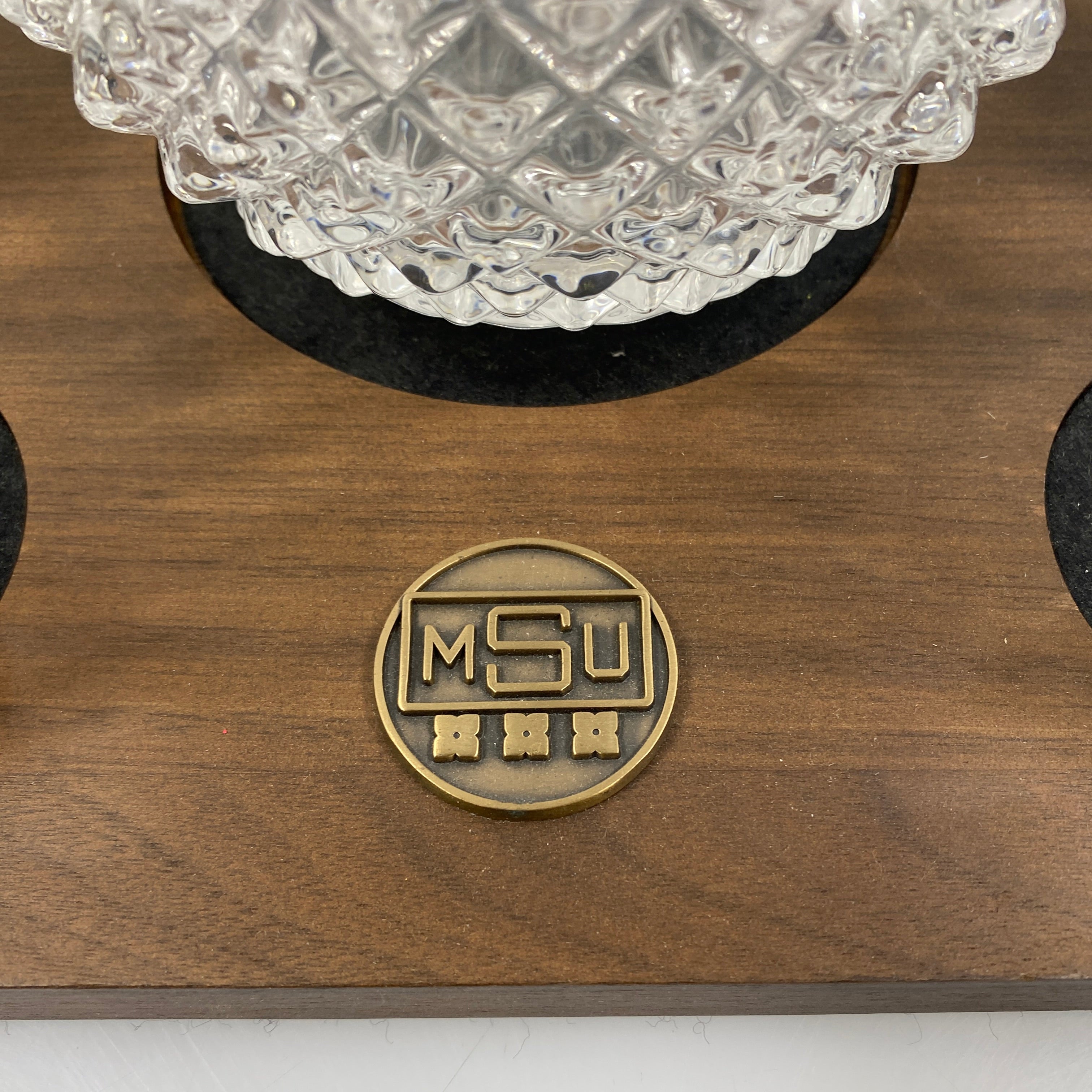 Jostons "MSU" Set of Glass Cups and Pitcher w/ Wooden and Felt Platter