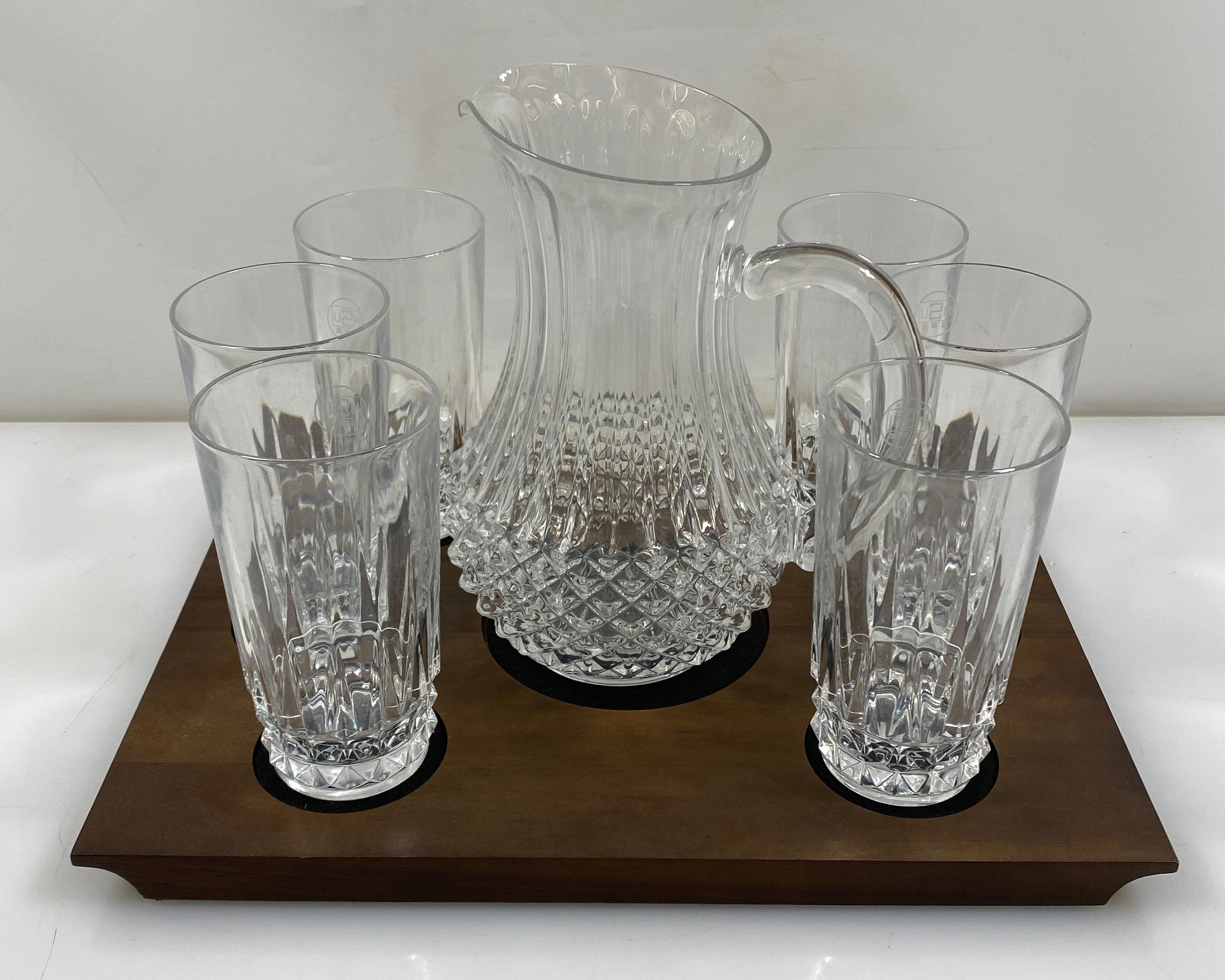 Jostons "MSU" Set of Glass Cups and Pitcher w/ Wooden and Felt Platter