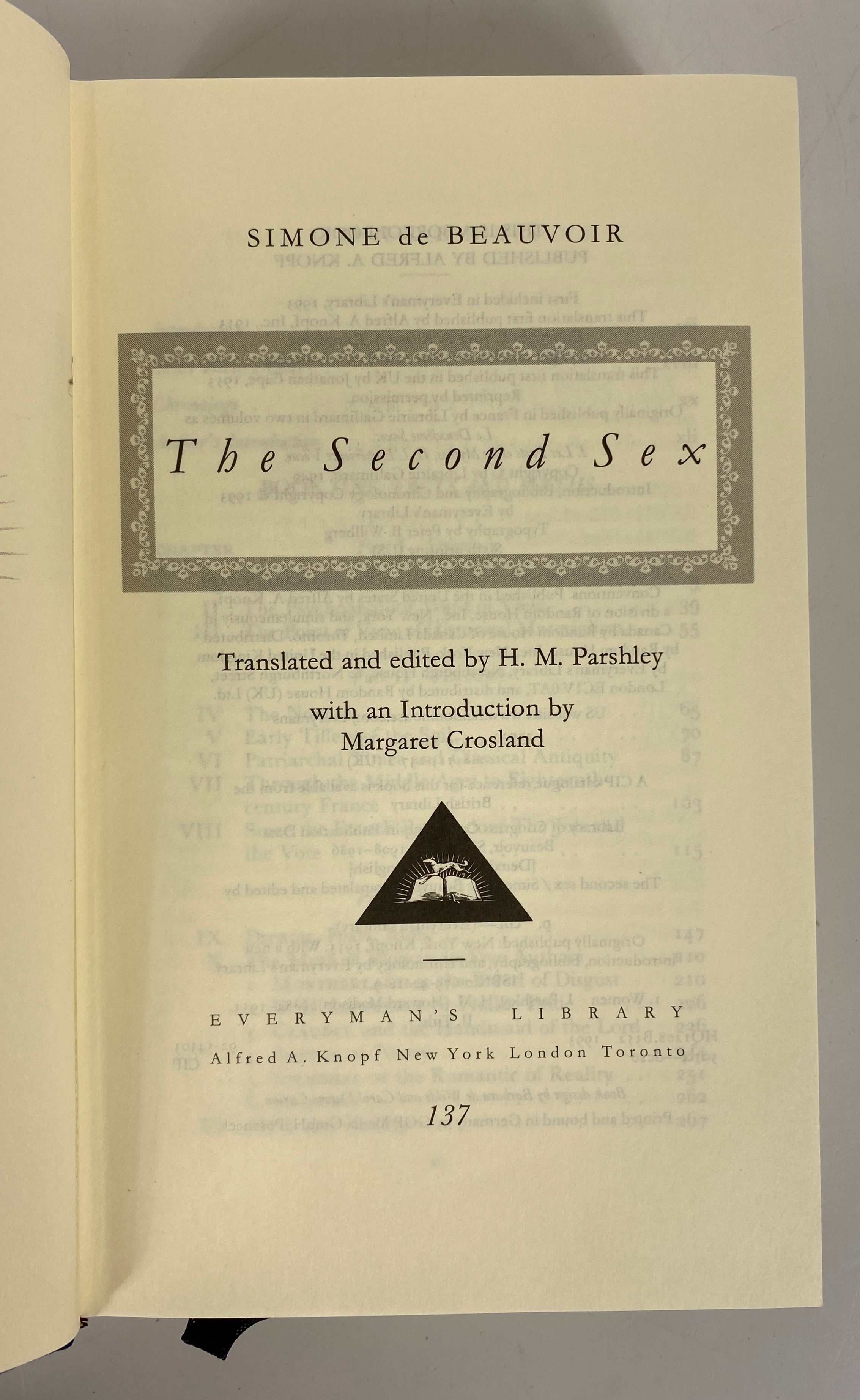 Simone de Beauvoir The Second Sex 1993 Everyman's Library HC